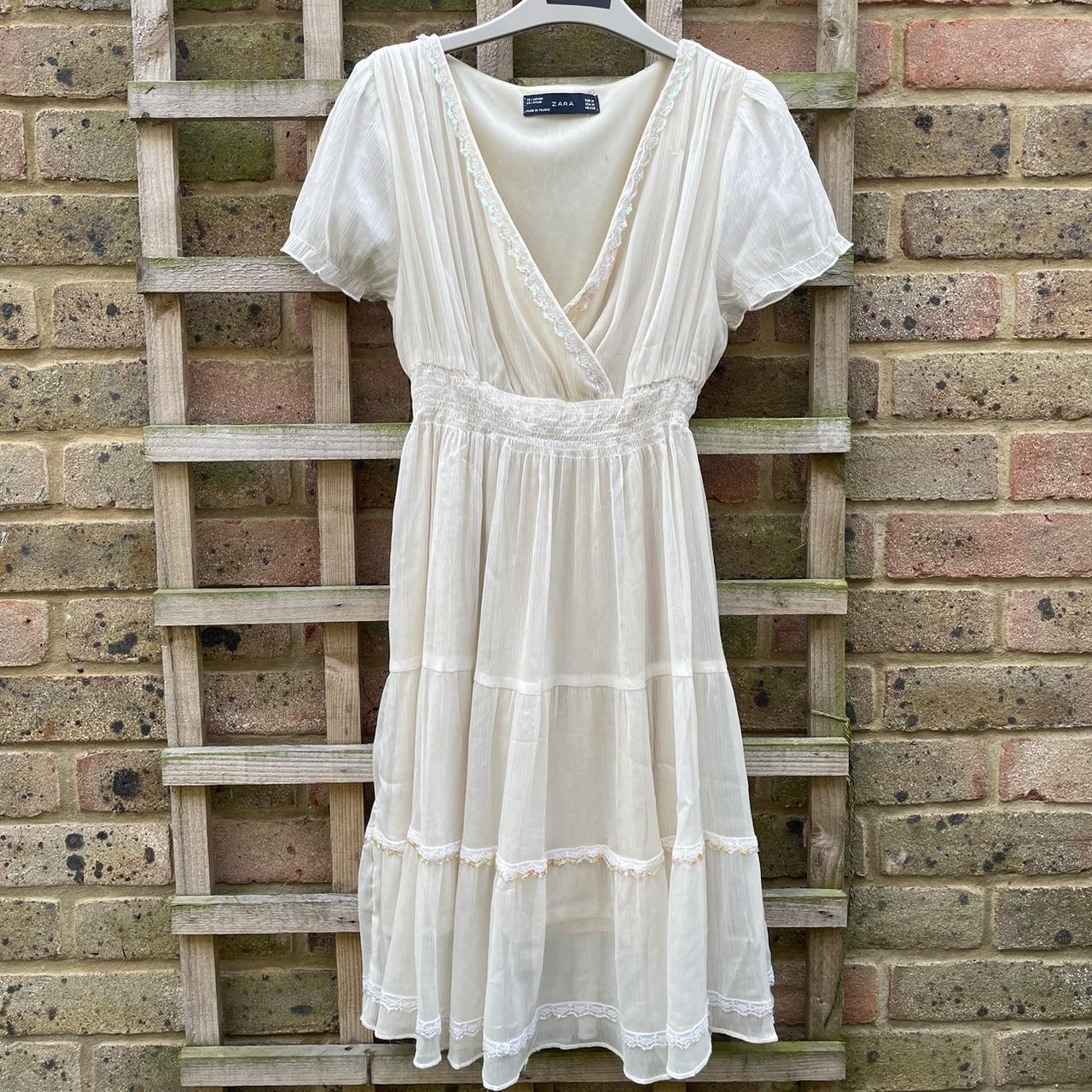 Second hand zara white summer dress with sequin... Depop