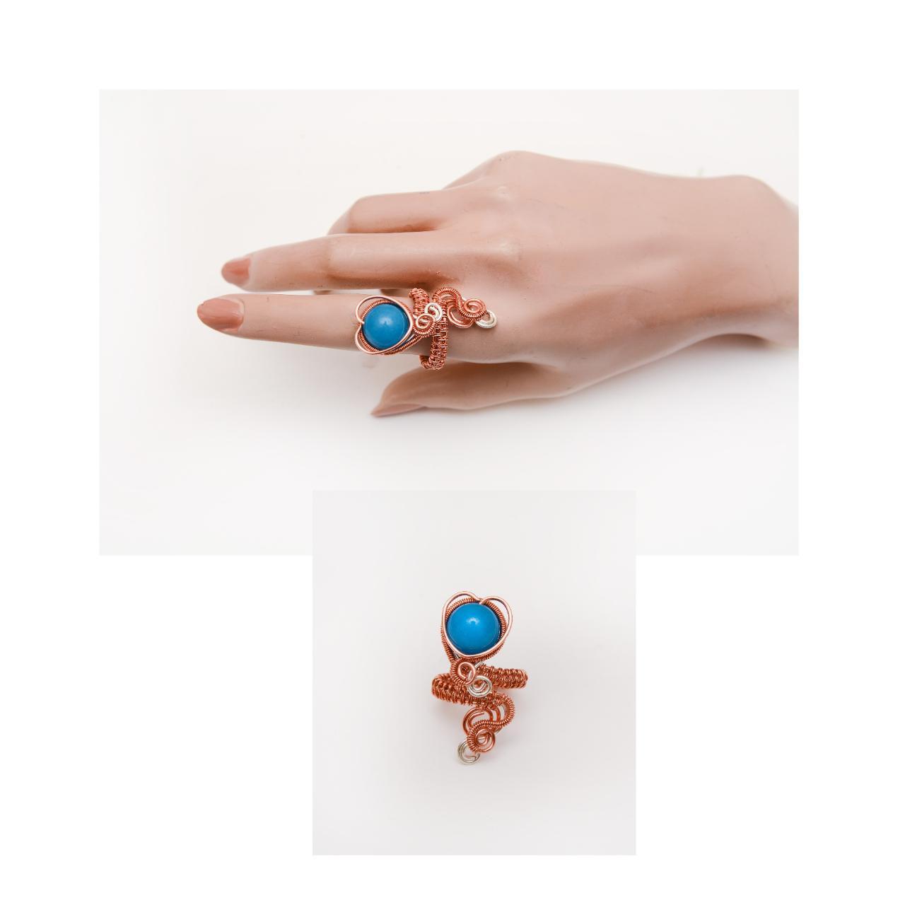 Blue agates Wire wrapped Copper adjustable ring ,... - Depop