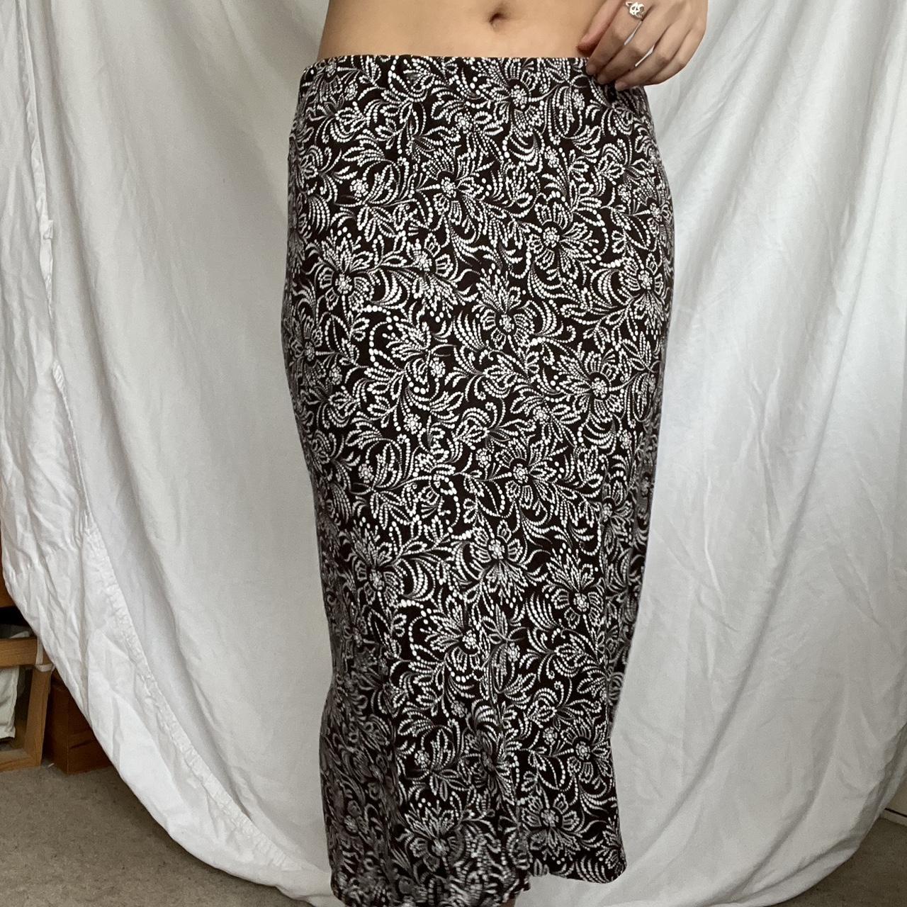 Brown 90s long midi cotton skirt with white flowers... - Depop