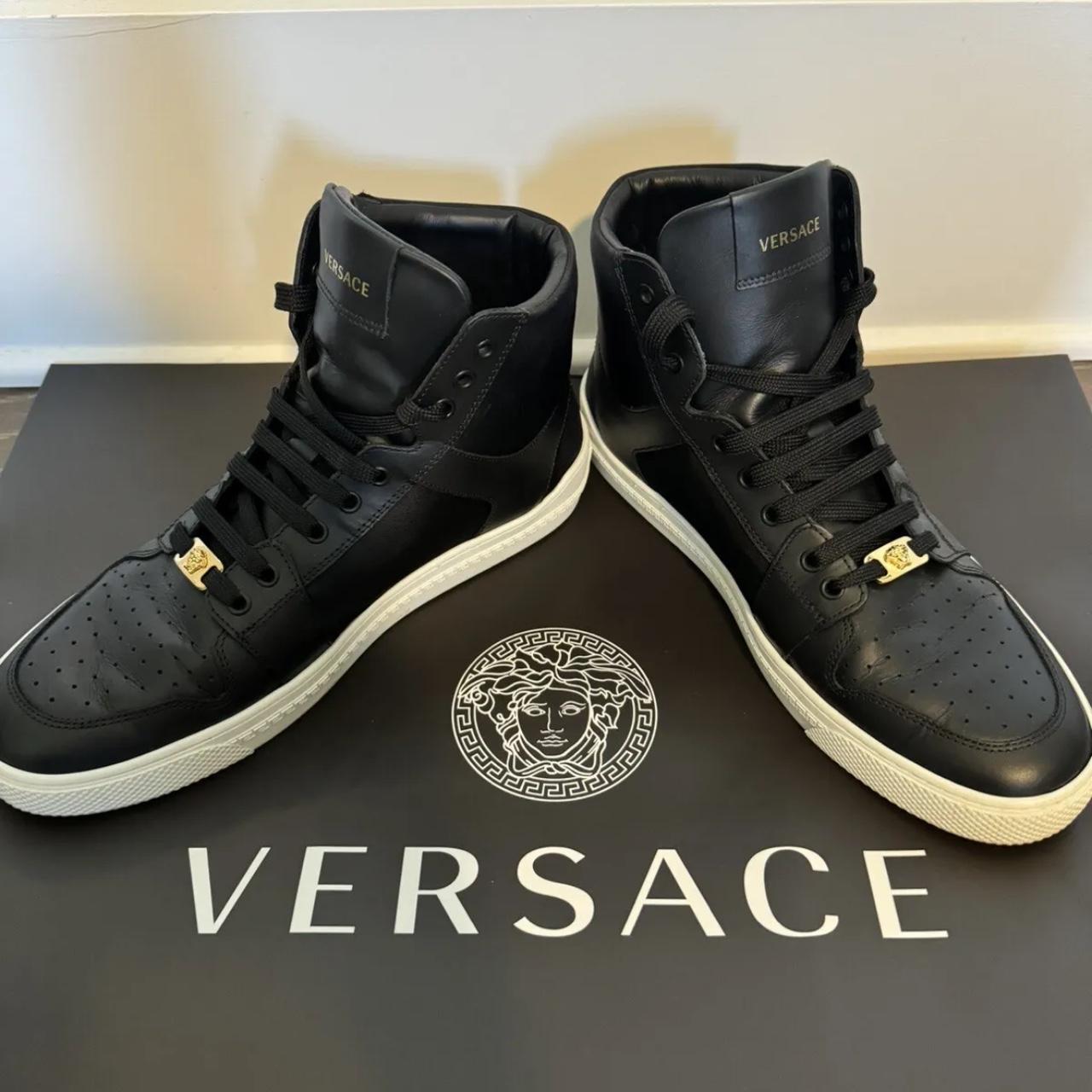 Versace high top sneakers black leather and nylon