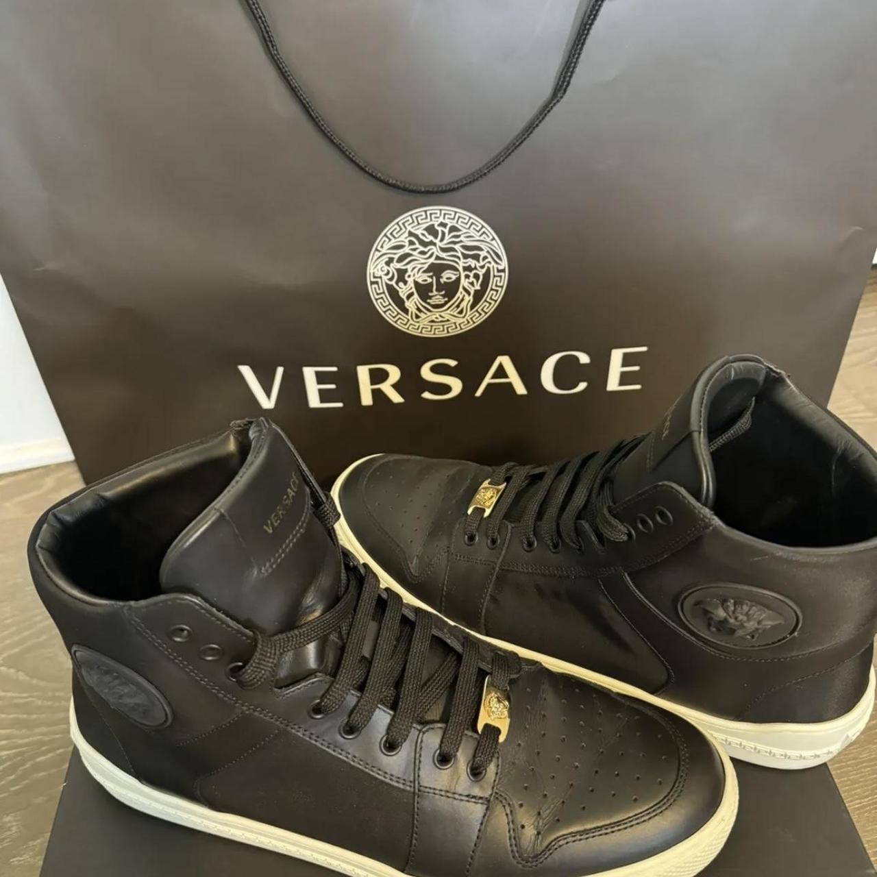 Versace high top sneakers black leather and nylon. Depop