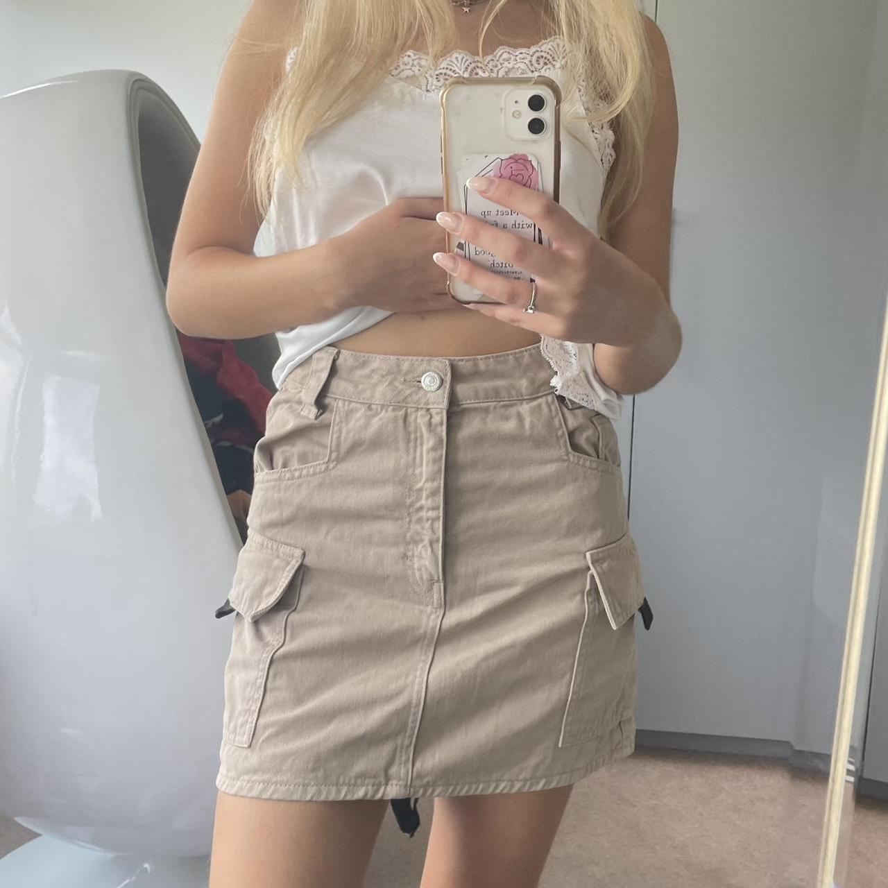 Lovely high waisted beige cargo mini skirt from... - Depop