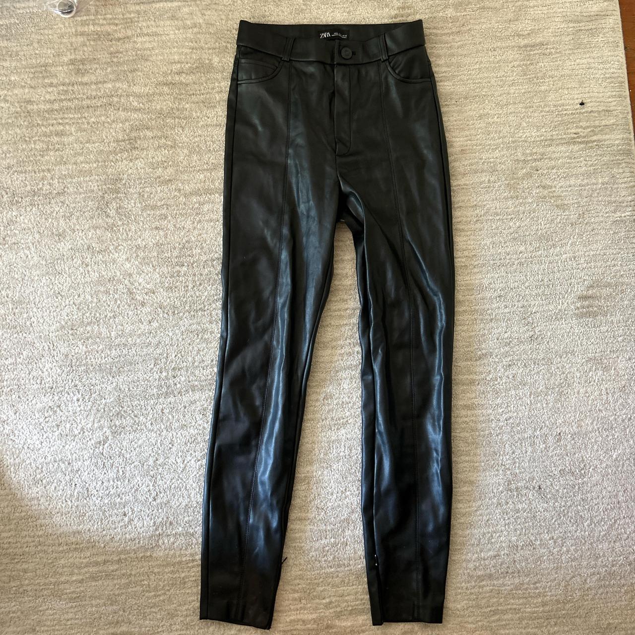 Zara Black Leather Pants with small zipper on bottom - Depop