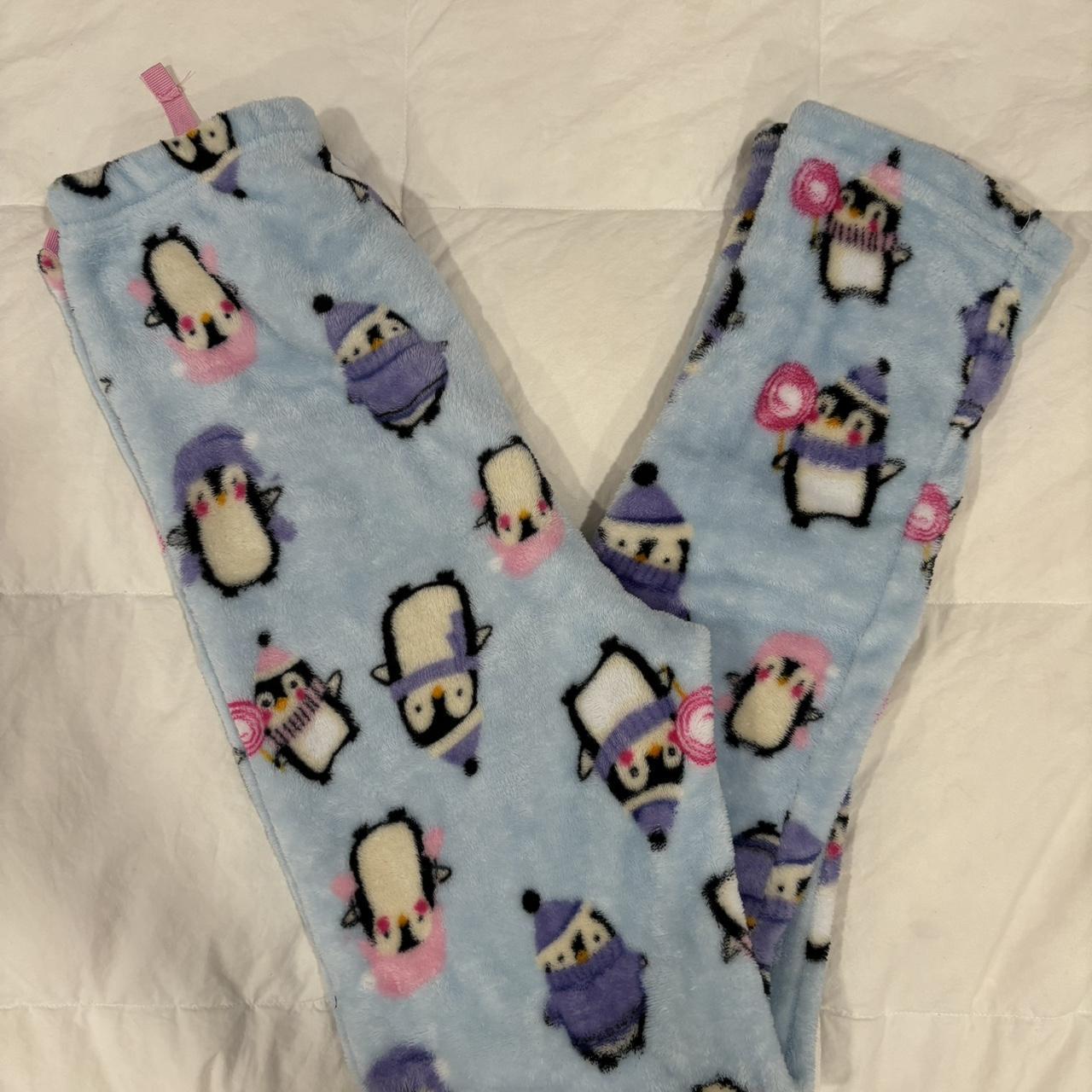 Penguin print fleece pants with adjustable waist -... - Depop