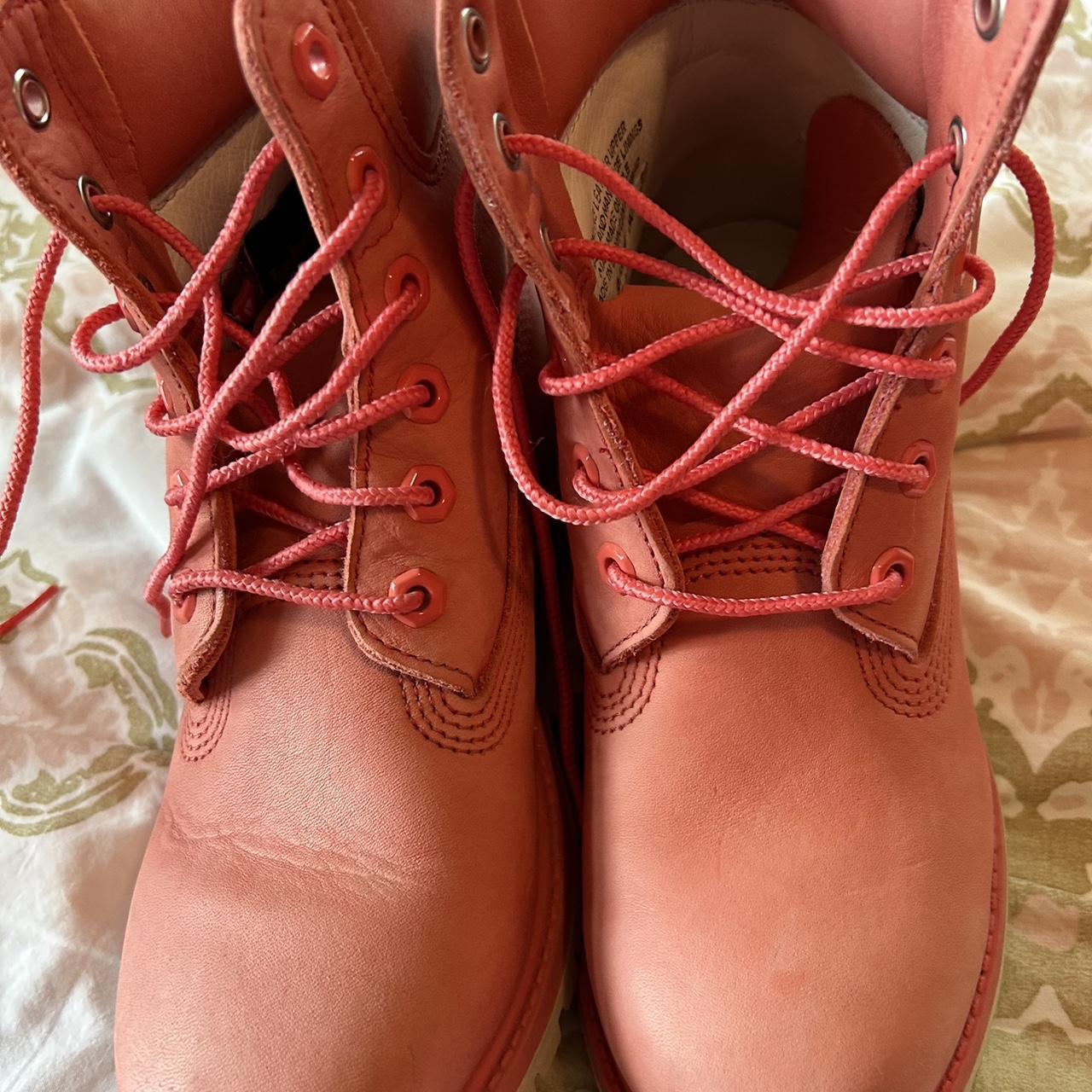 Timberland pink leather boots with grey white soles. Depop