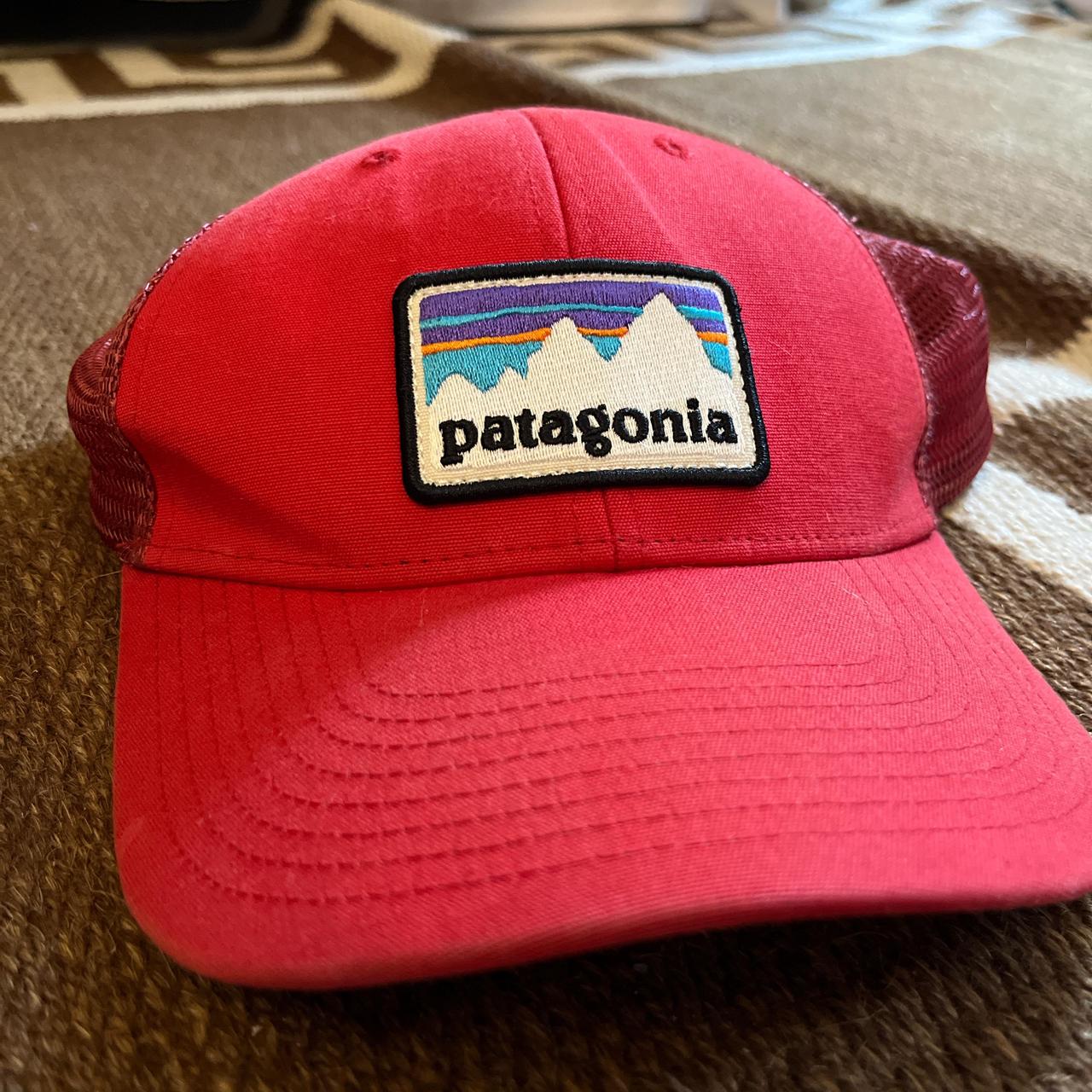 Patagonia Red Trucker Hat Mountain Emblem, Slightly... - Depop