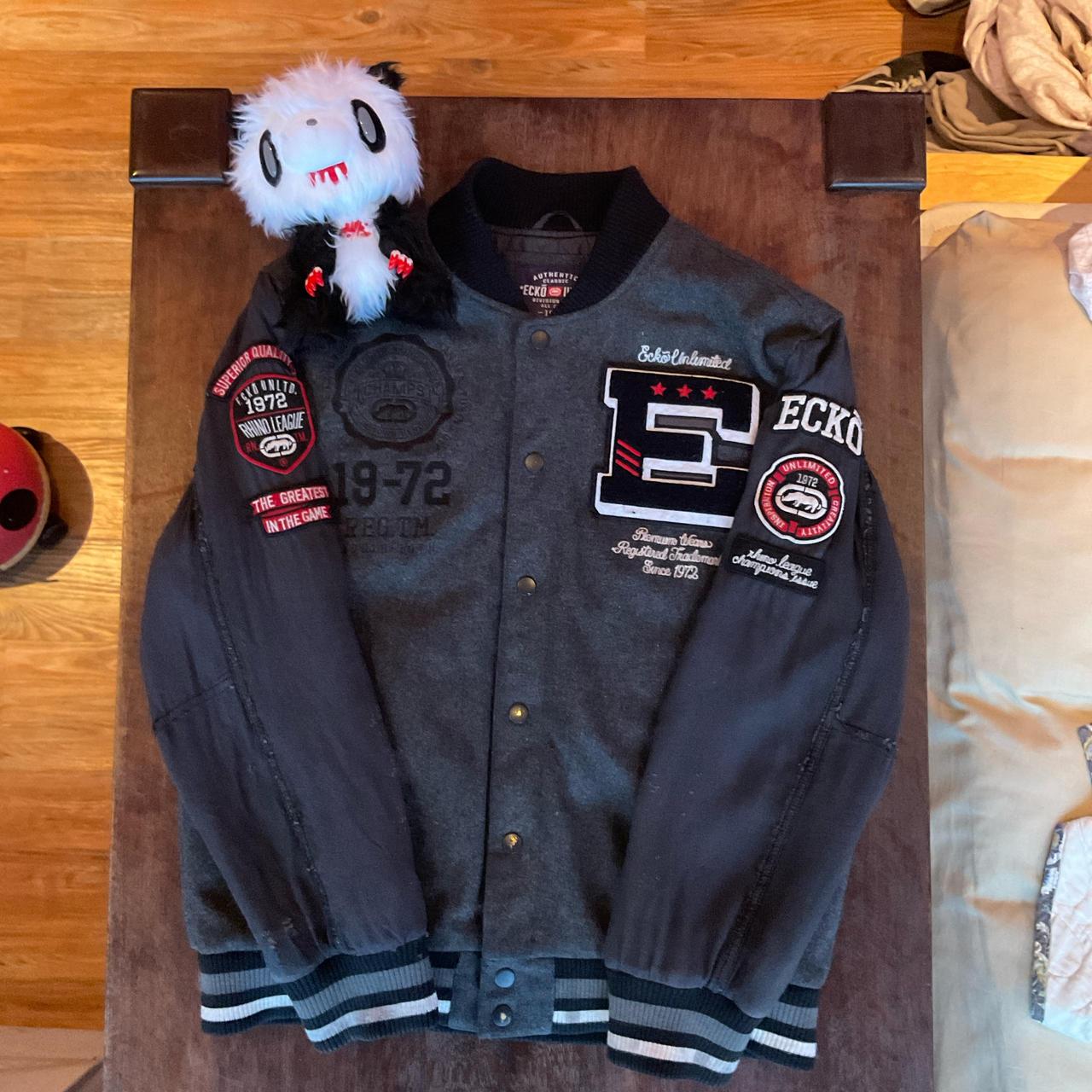 Black wool Marc Eckō Unltd. varsity-jacket} Found | Depop