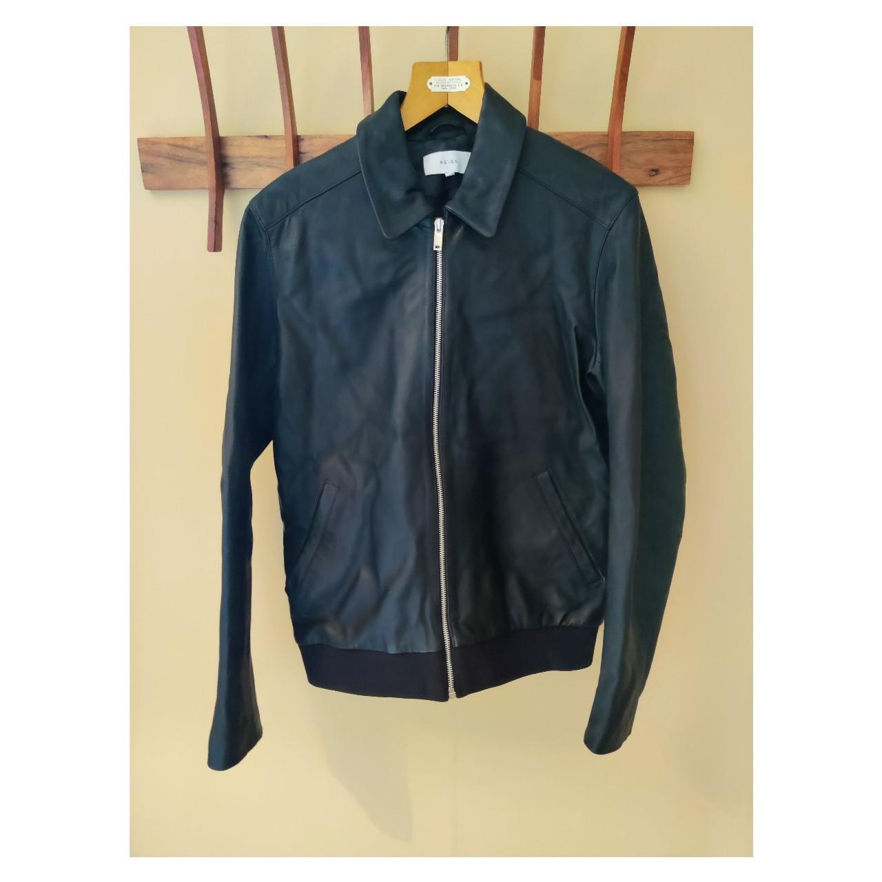 Reiss black lambs leather collared jacket size... - Depop