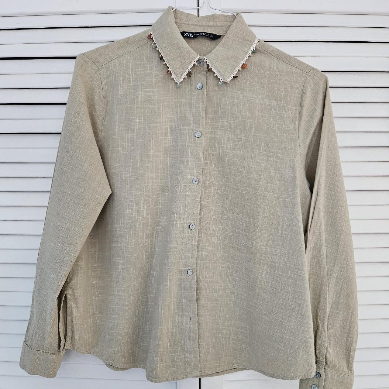 Linen blend shirt with stones along collar. Worn... - Depop