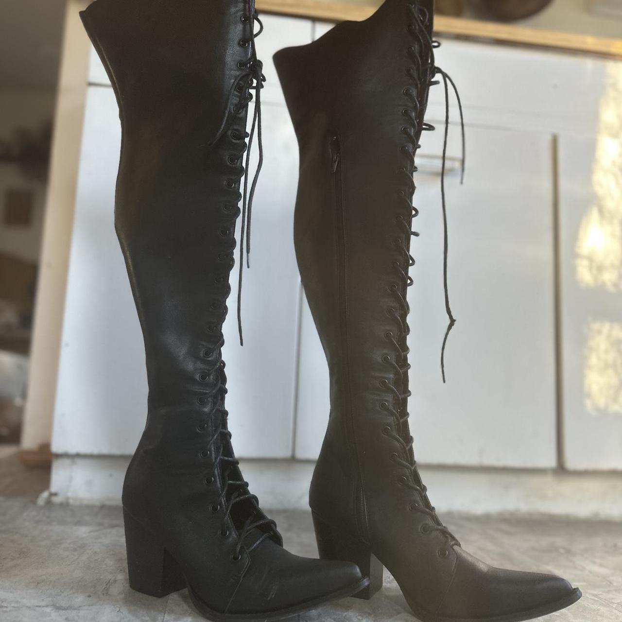 LACE UP THIGH HIGH BOOTS black leather lace up... - Depop