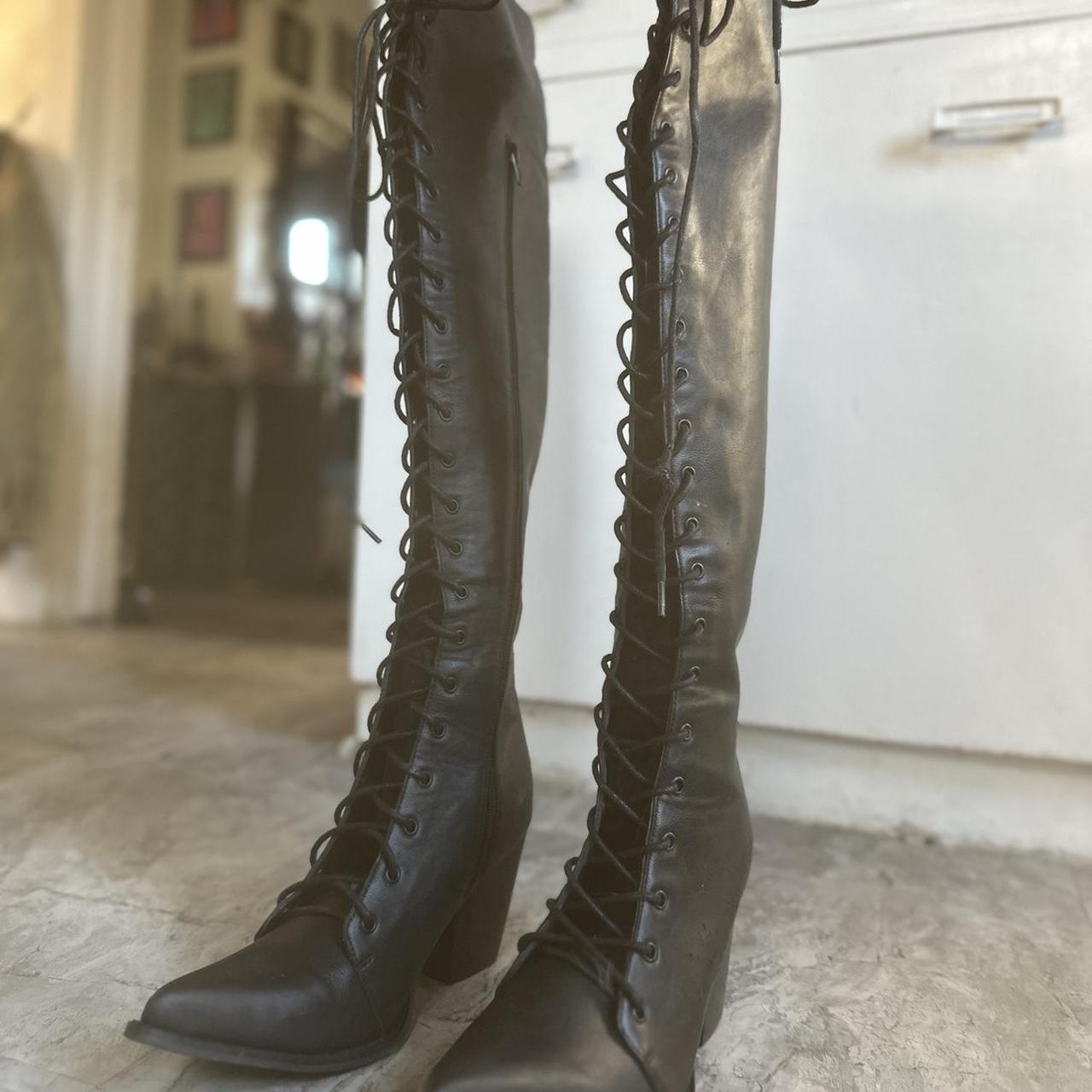 LACE UP THIGH HIGH BOOTS black leather lace up... - Depop