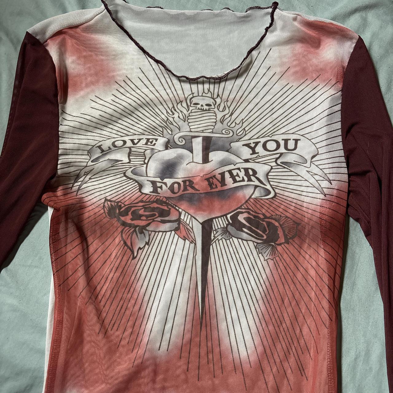 Red and brown long sleeve shirt with a skull