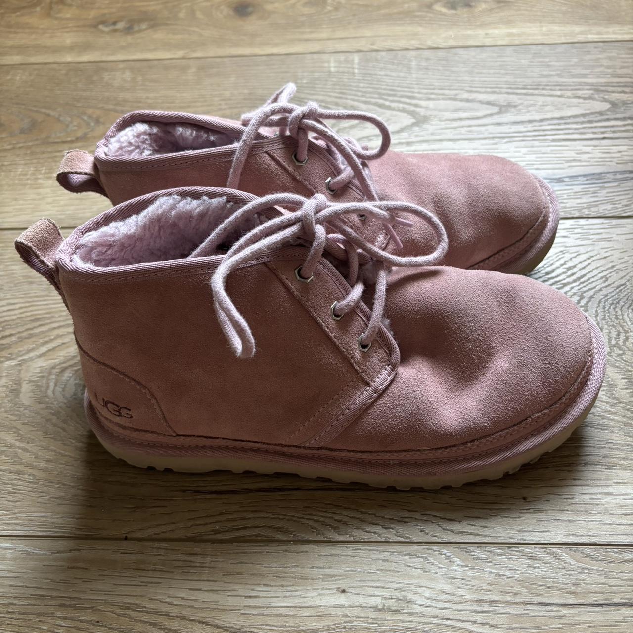 Pink suede uggs with fur lining and is lace up. they. Depop