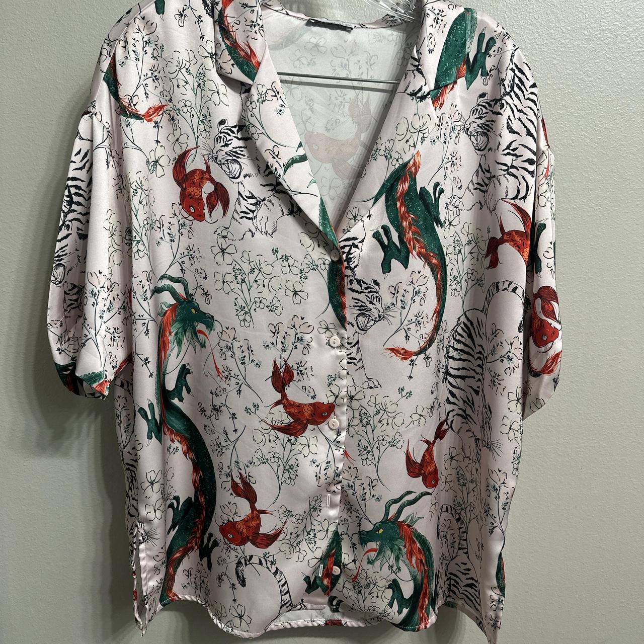 Bershka silk button down shirt with dragon Depop