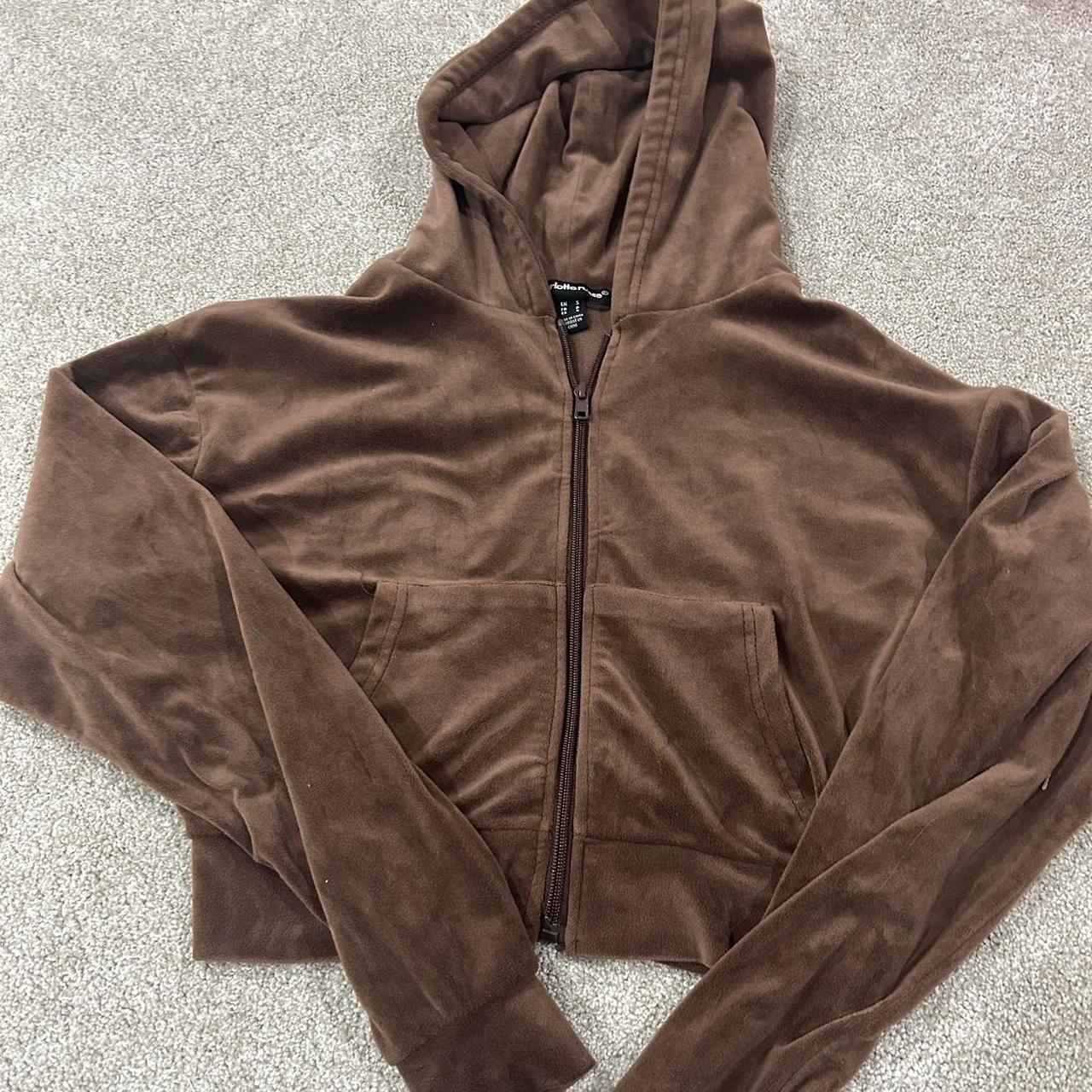 small brown velvety zip up hoodie from charlotte - Depop