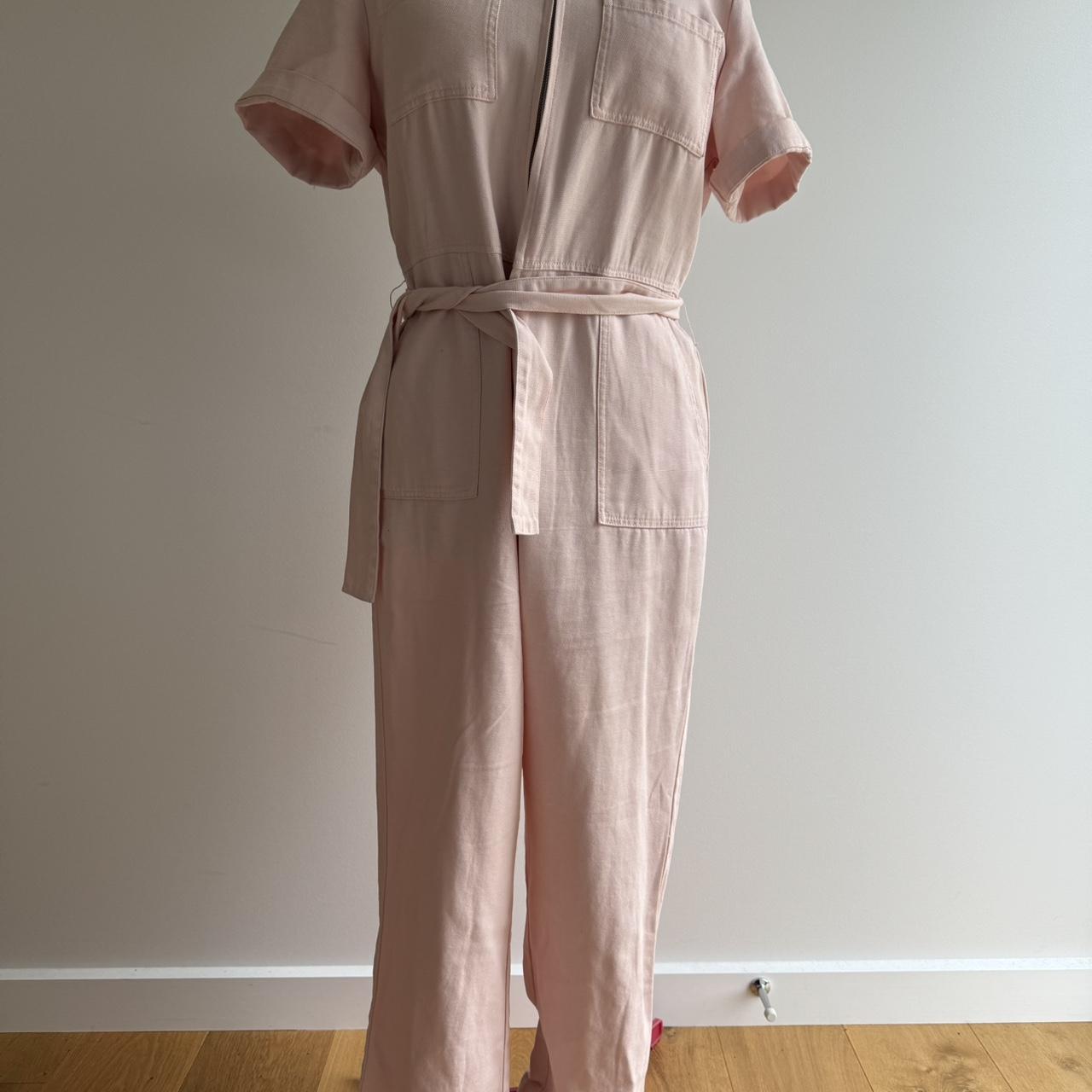 Pink jumpsuit with front zip and elastic waist with. Depop