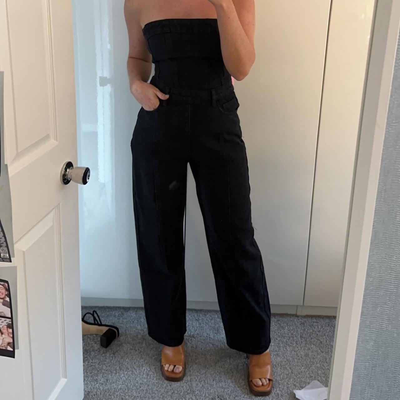 Black denim boob tube jumpsuit from pretty little... - Depop