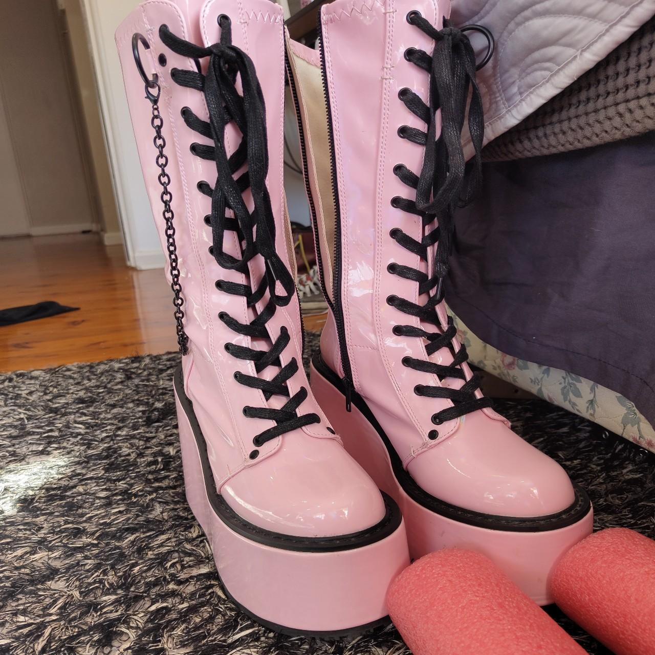 Pink demonin platform boots with chain and zipper  | Depop