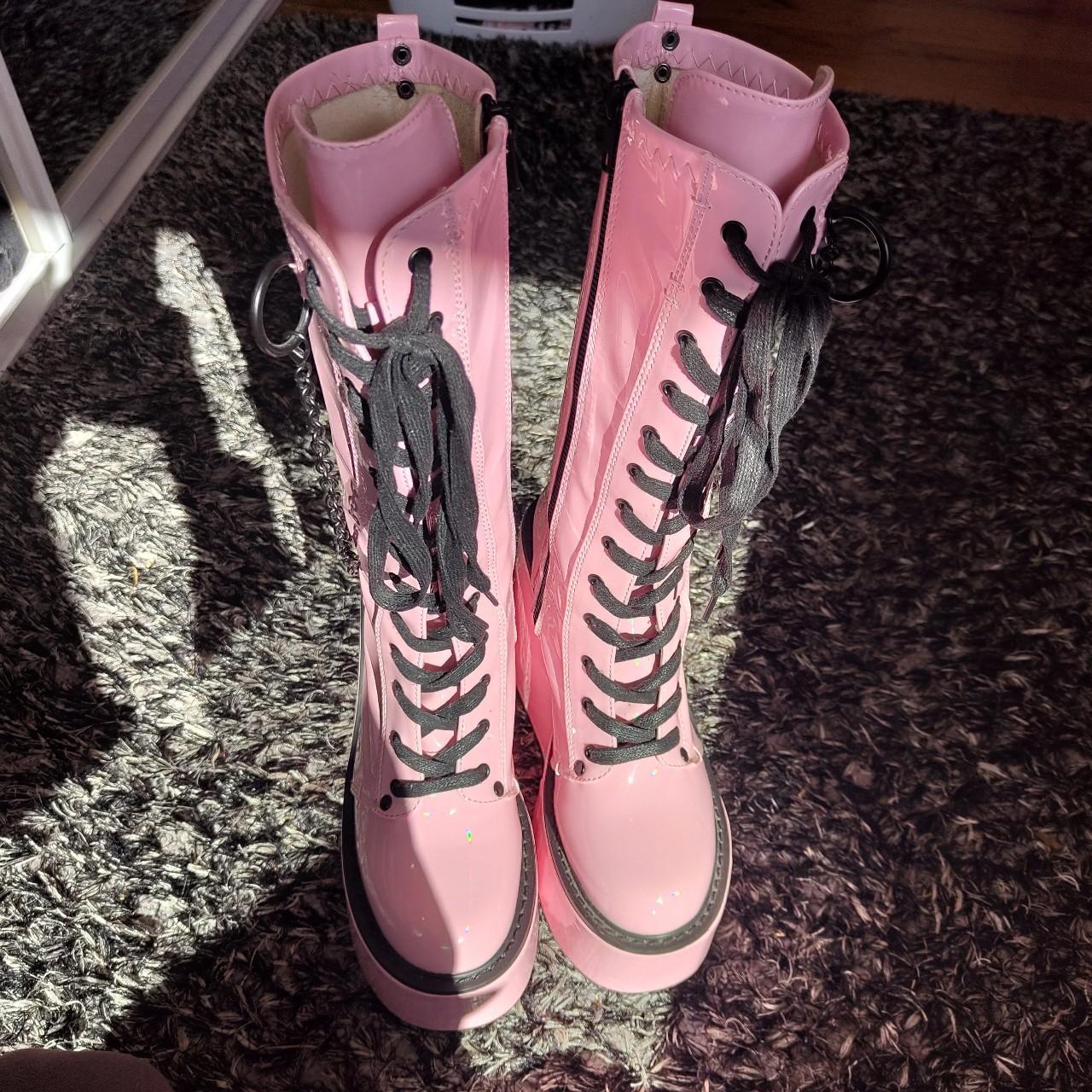 Pink demonin platform boots with chain and zipper  | Depop