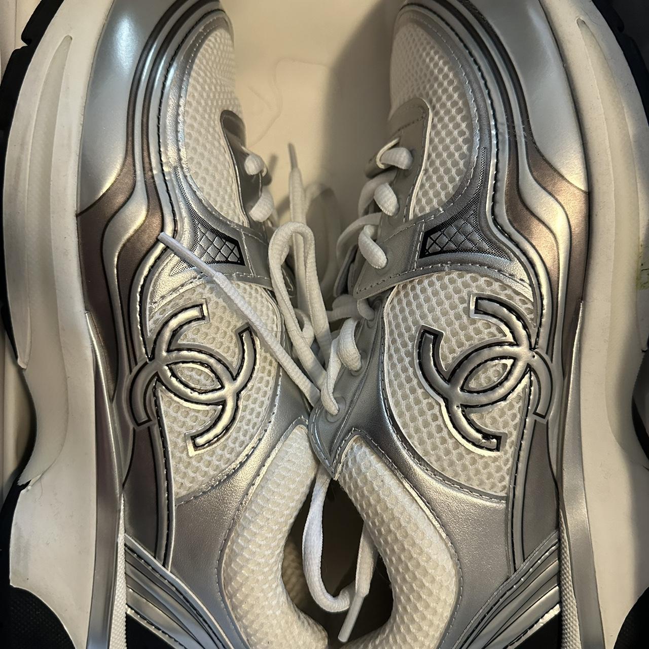 Silver Chanel Sneakers worn EUR 43= US W Depop