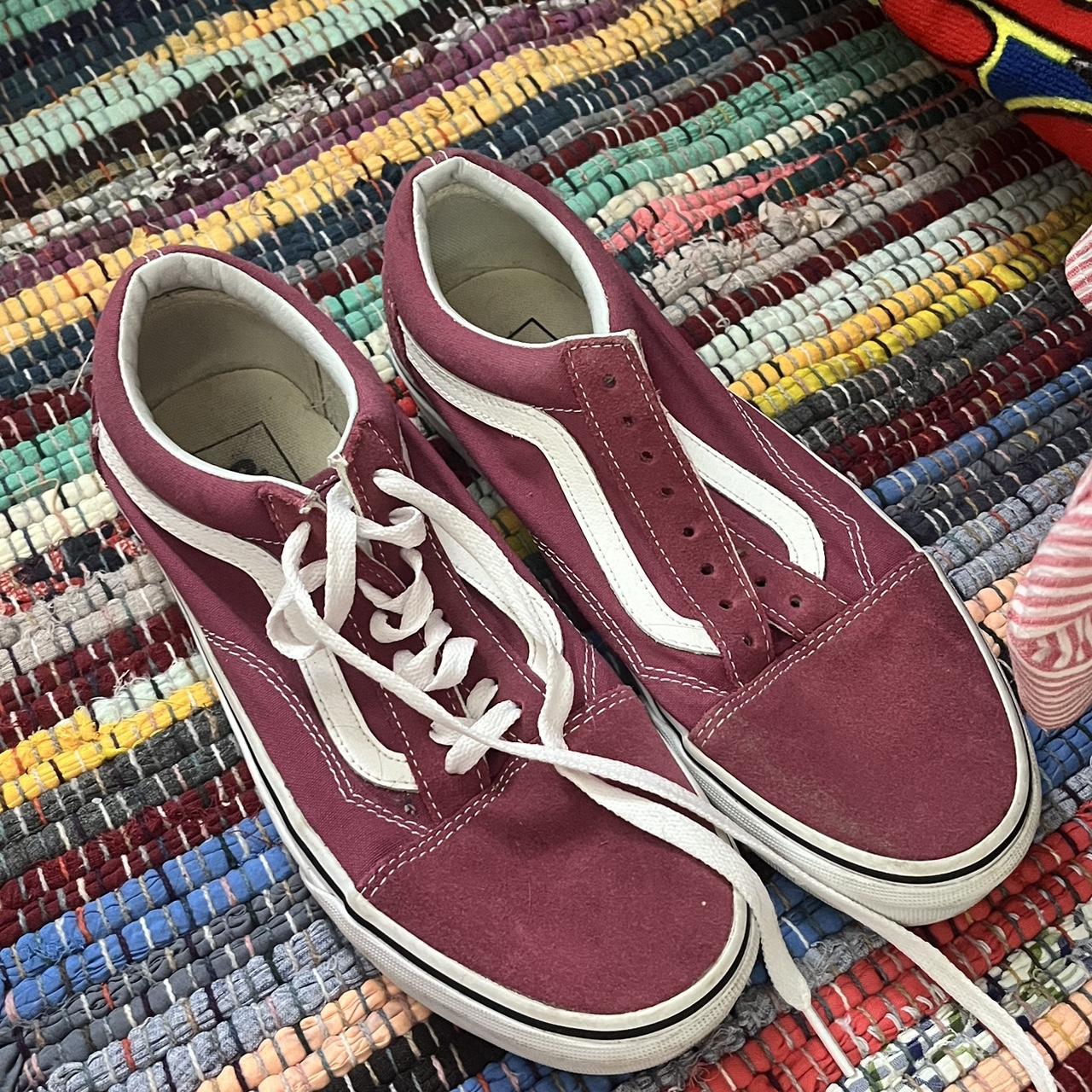 Burgundy and white Vans trainers never been worn . Depop