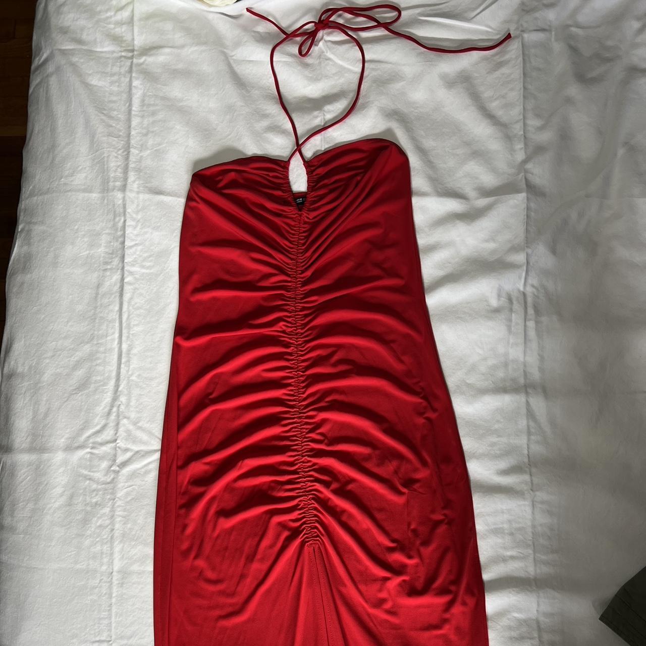 Red halter ruched dress from Zara. it has a slit... - Depop