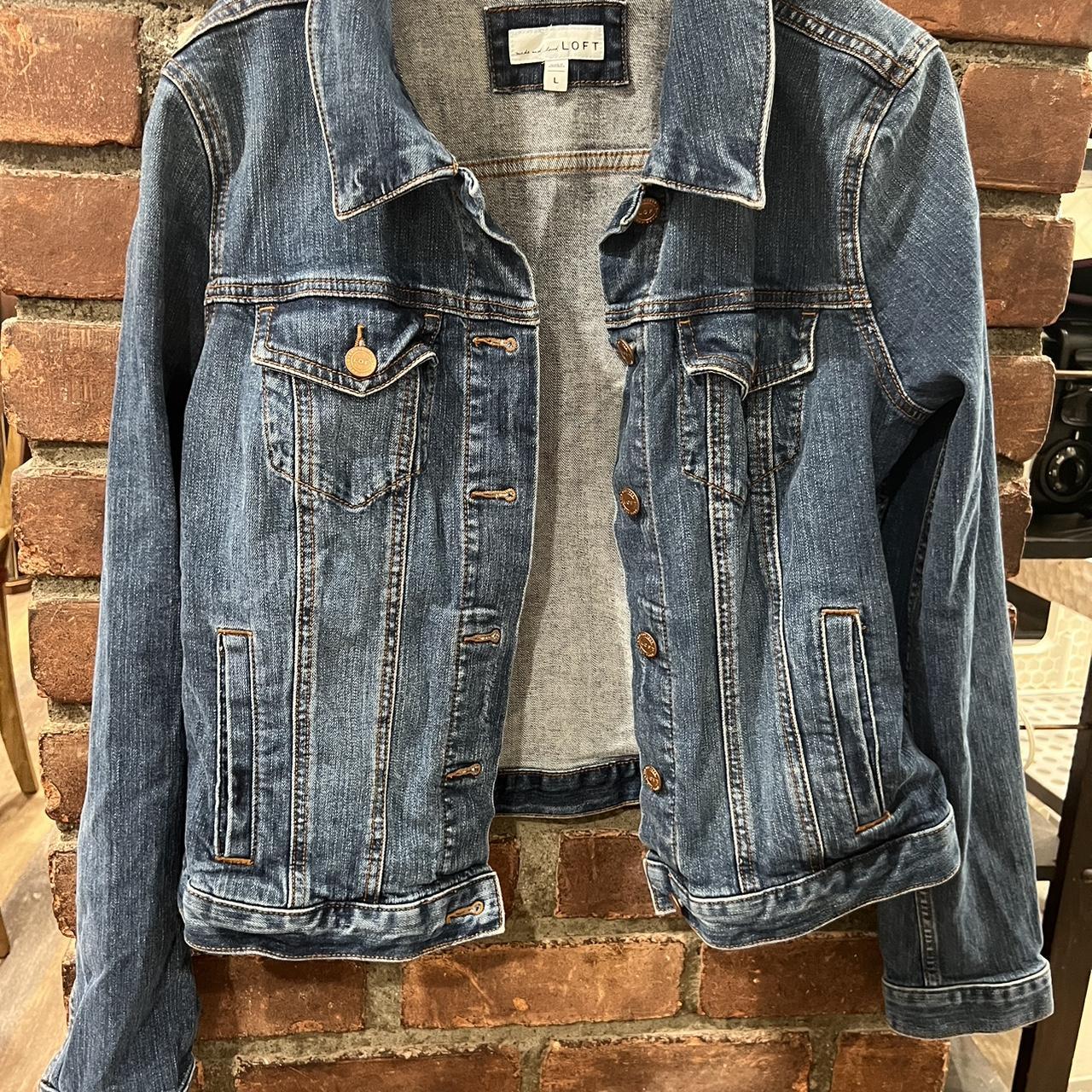 Ann Taylor The Loft Blue and navy Jean jacket with. Depop