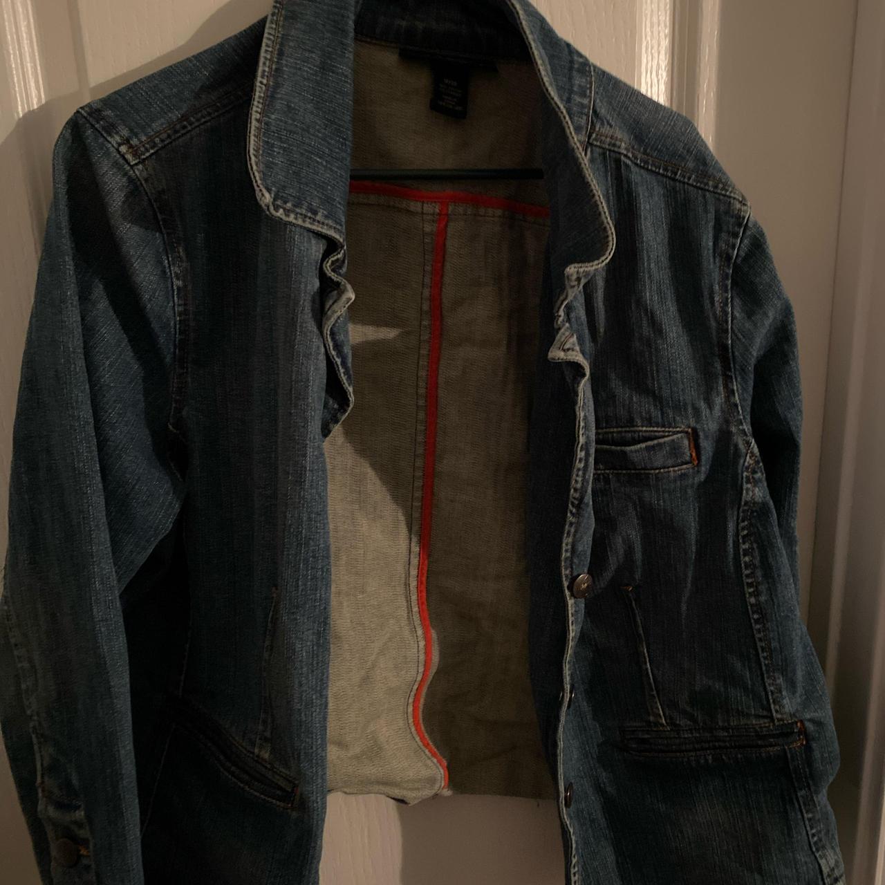 Blue denim jacket with a beautiful red lining on the... - Depop