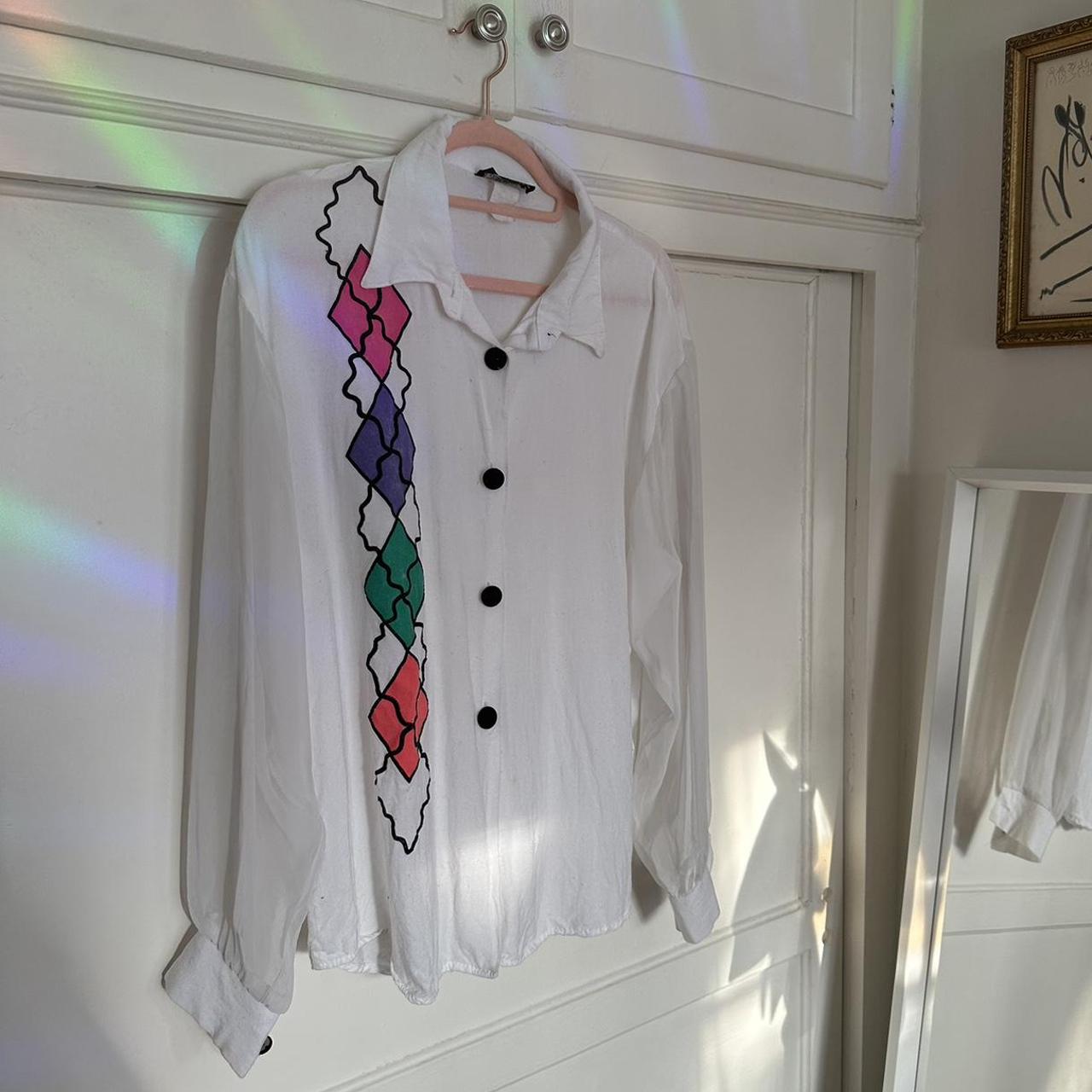 Vintage white button down shirt with retro colorful... - Depop