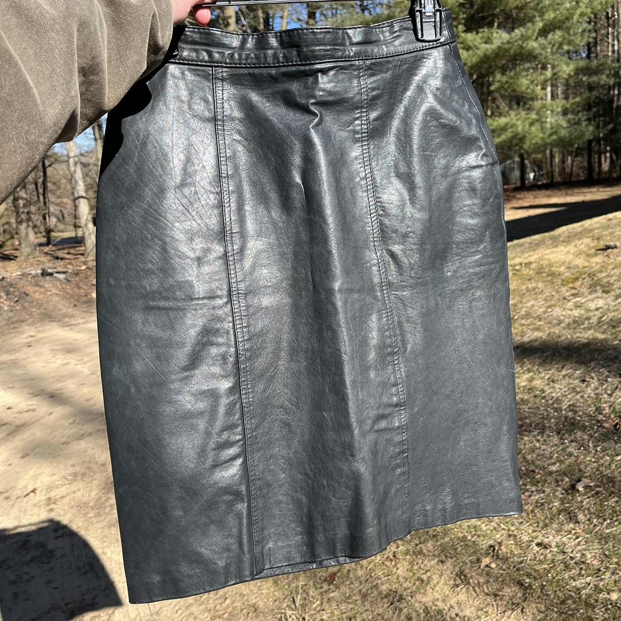 Vintage 80s black genuine leather mini/midi skirt Depop