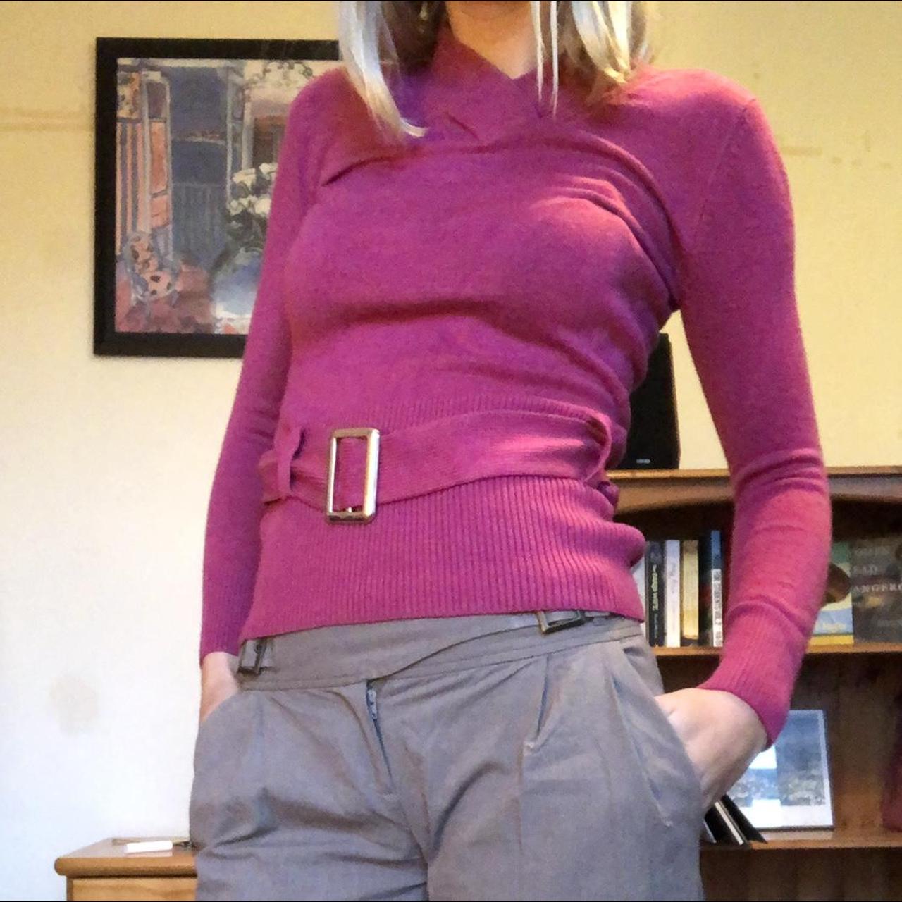 Pink y2k v neck sweater with buckle belt detail... - Depop