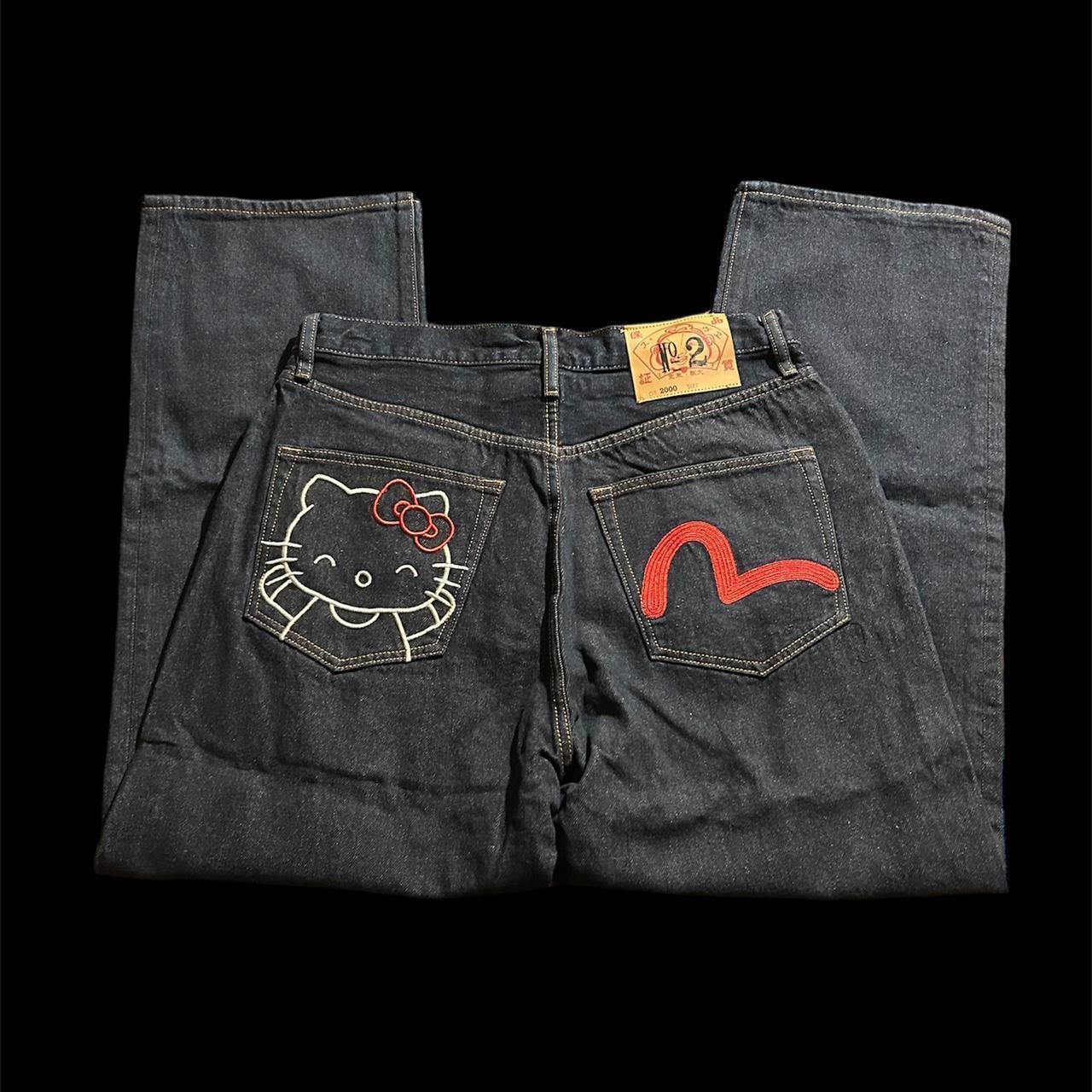 Evisu Men's Navy and Black Jeans Hello Kitty x Evisu... - Depop