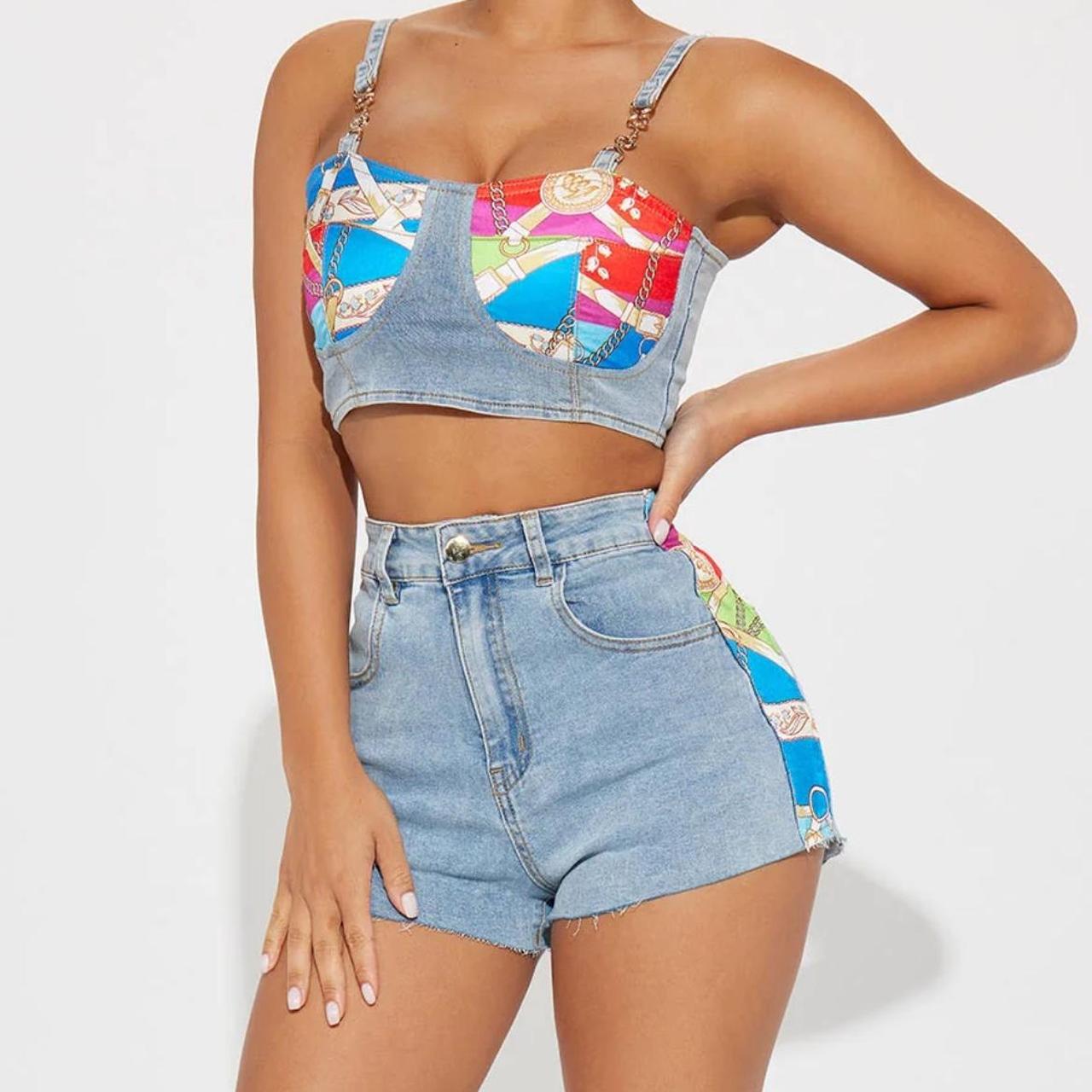 Set Fashion Nova Shorts Denim Two Piece Denim Crop Top Fashion