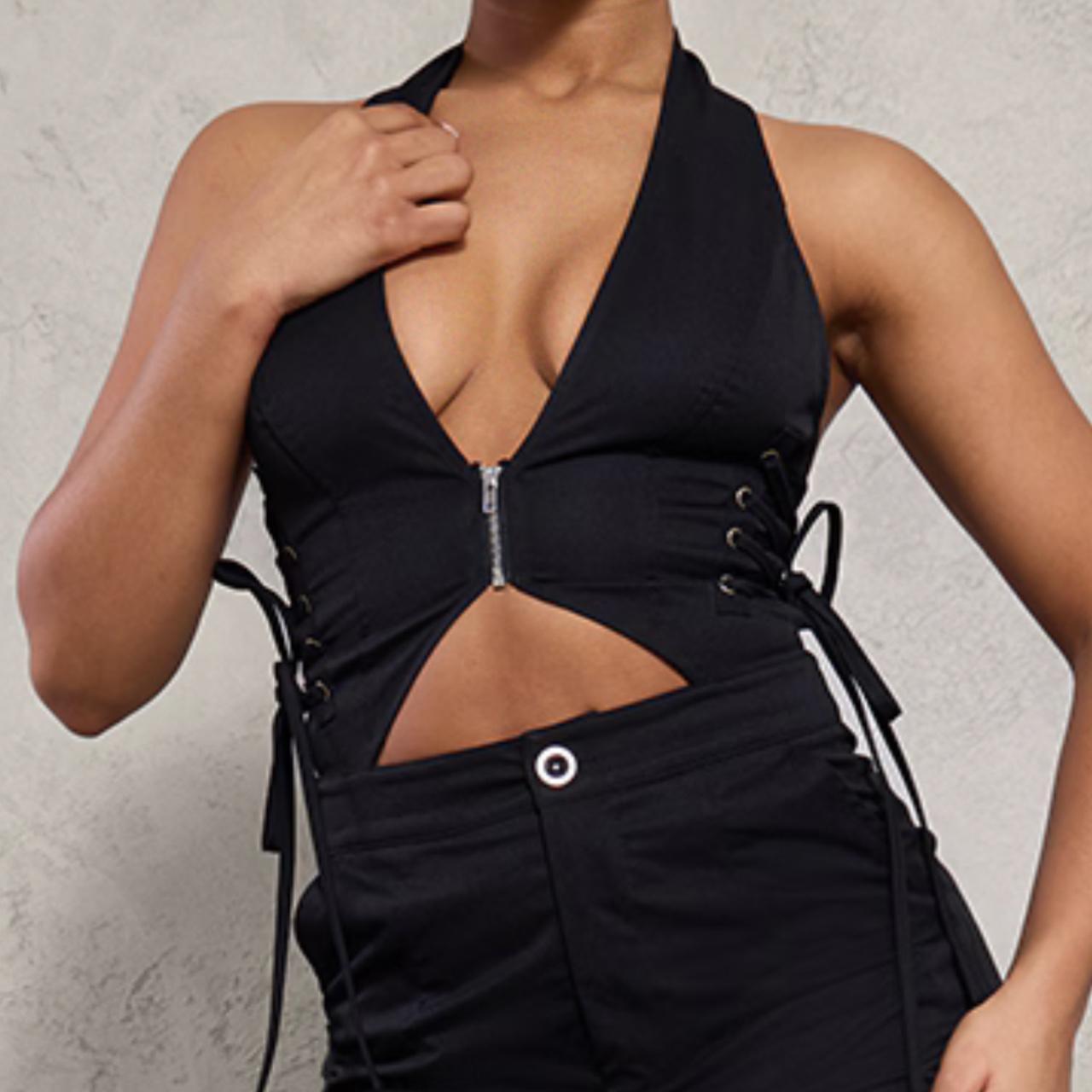 Black Woven Halter Zip Detail Lace Up Jumpsuit Depop