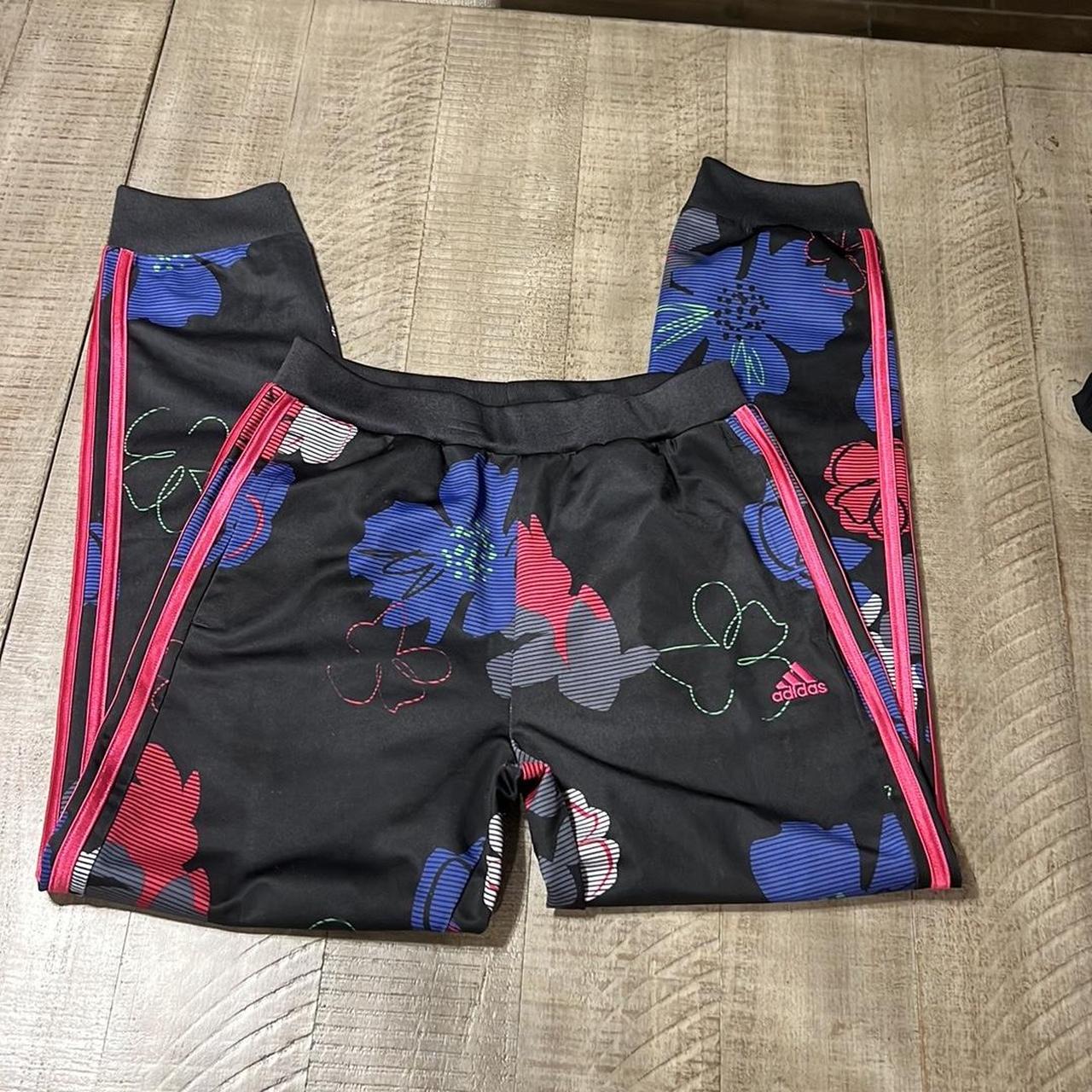 Adidas black and multicoloured floral tracksuit. Depop