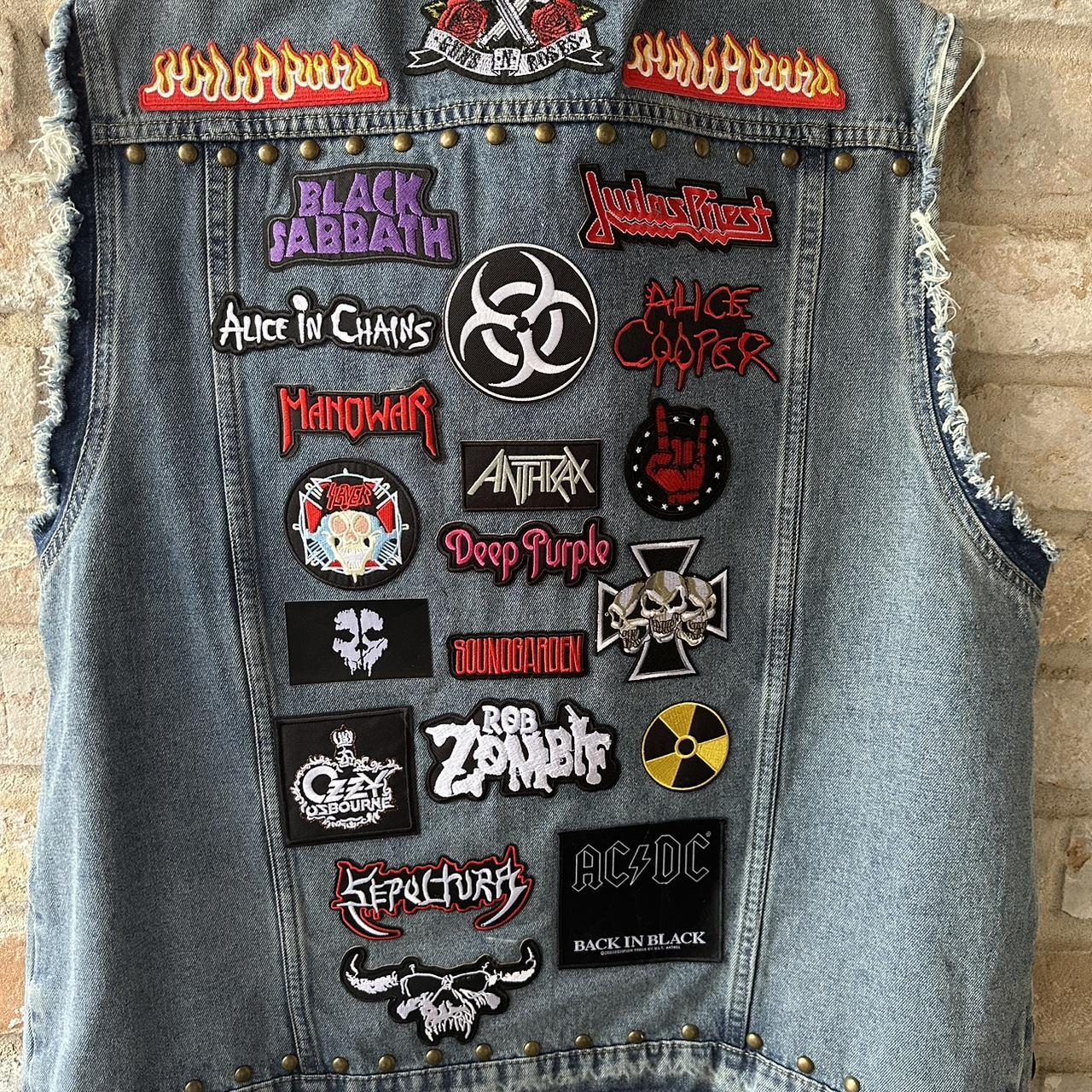 Black and grey denim vest with patches men s. Depop