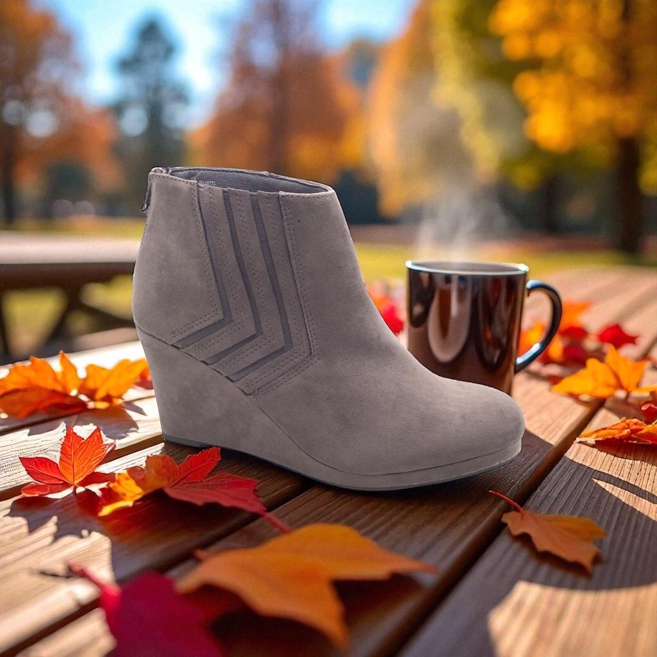 Sugar Juliette Wedge Booties – Gray Suede Depop