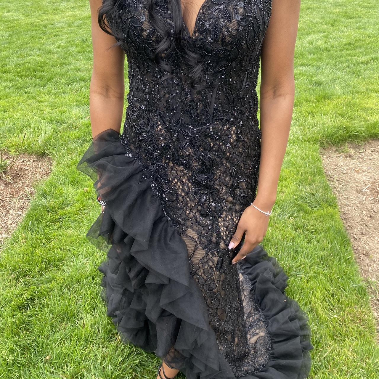 Black Beaded Prom Dress with slit prom blackdress