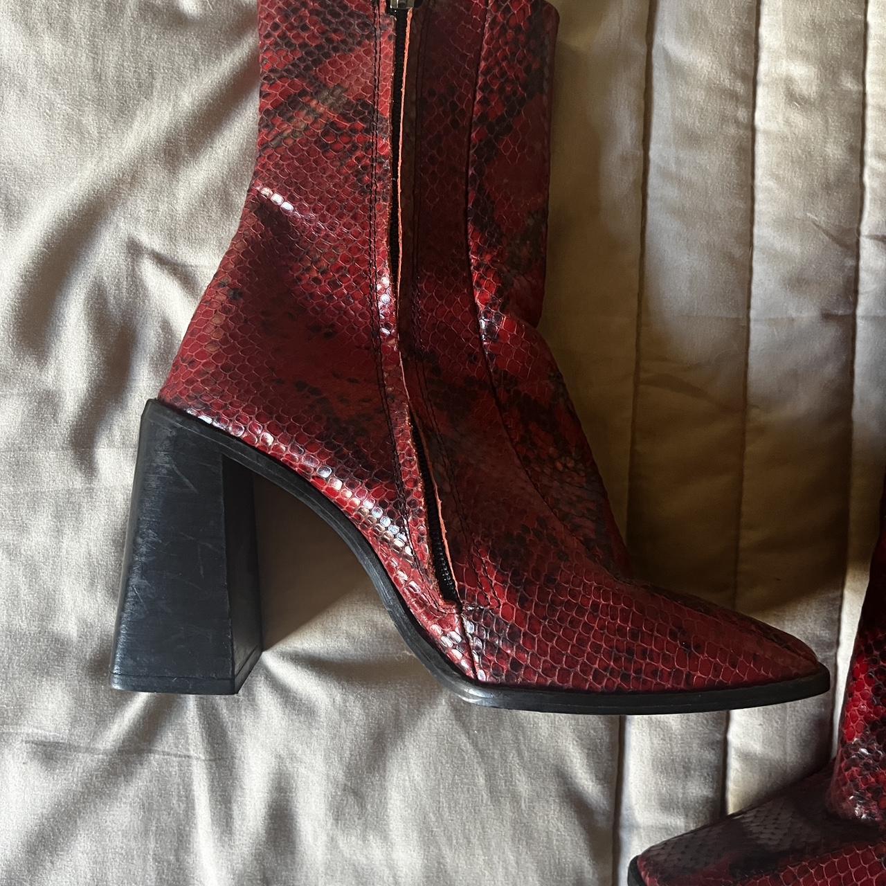 Topshop burgundy and black snake print ankle boots. Depop