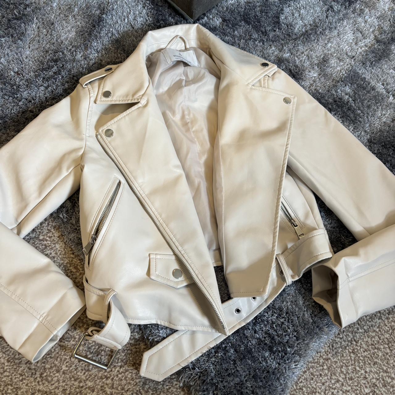 Cream biker jacket worn a few times still in really... - Depop