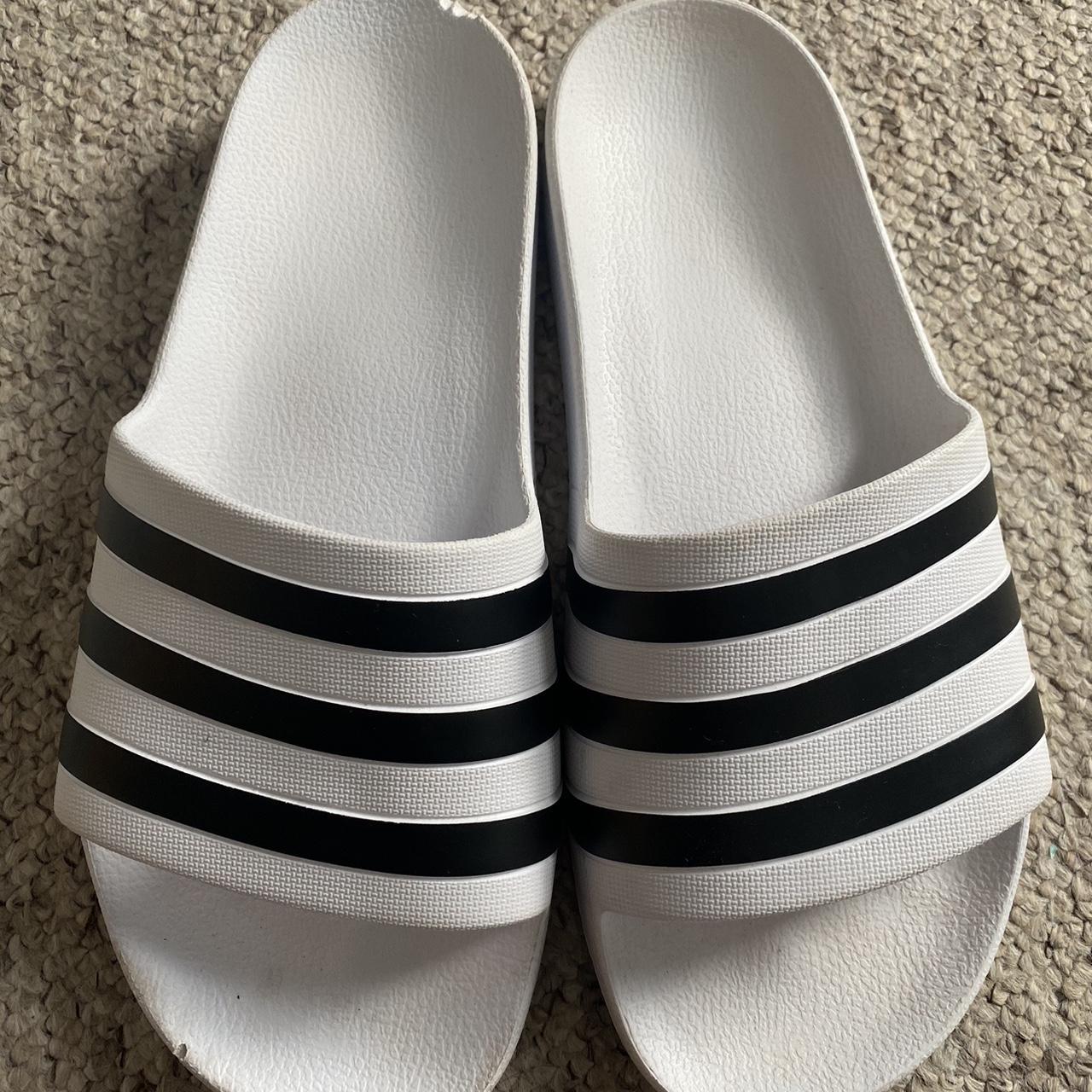 black and white adidas sandals warn many times but. Depop