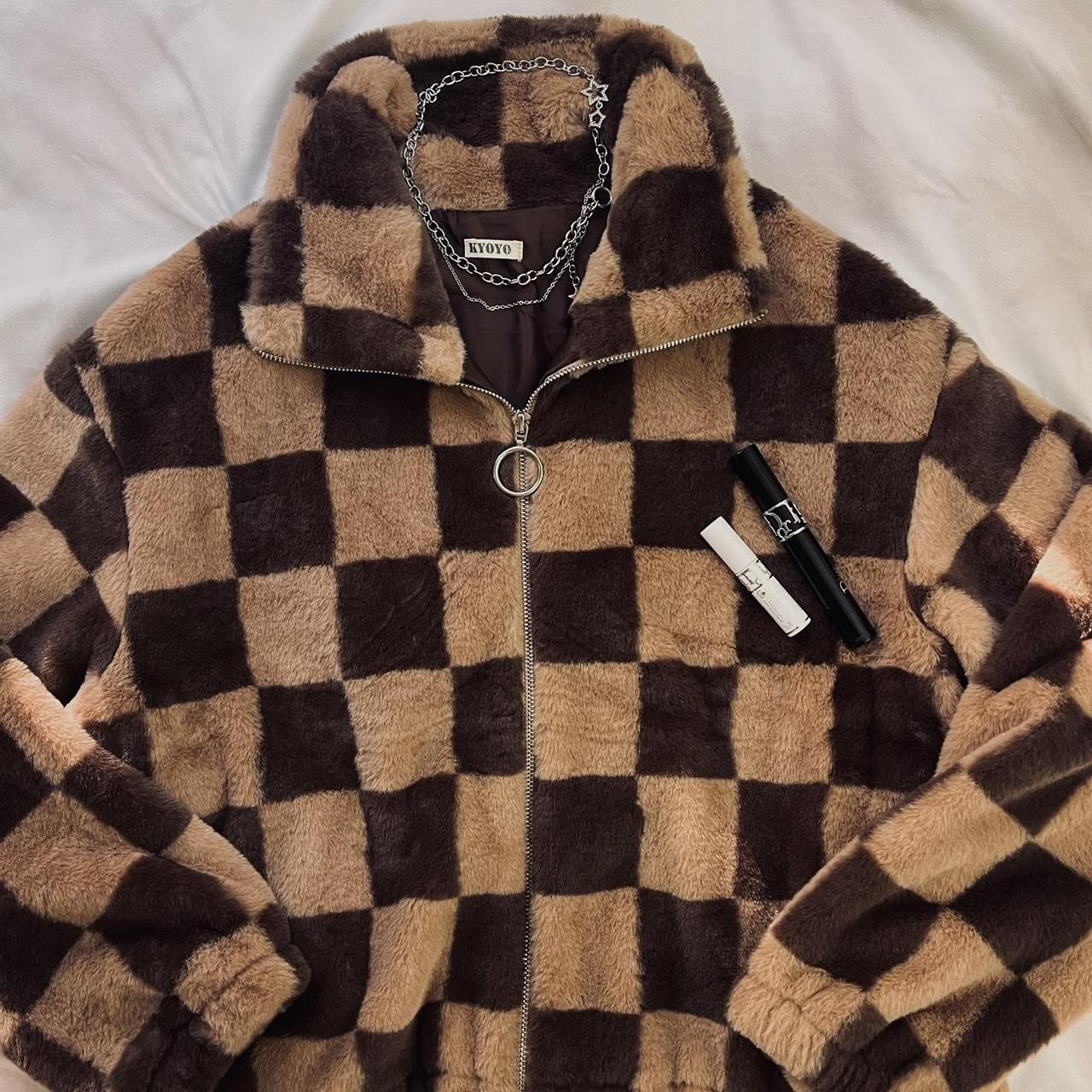 faux fur checkered jacket brand is kyoyo Depop