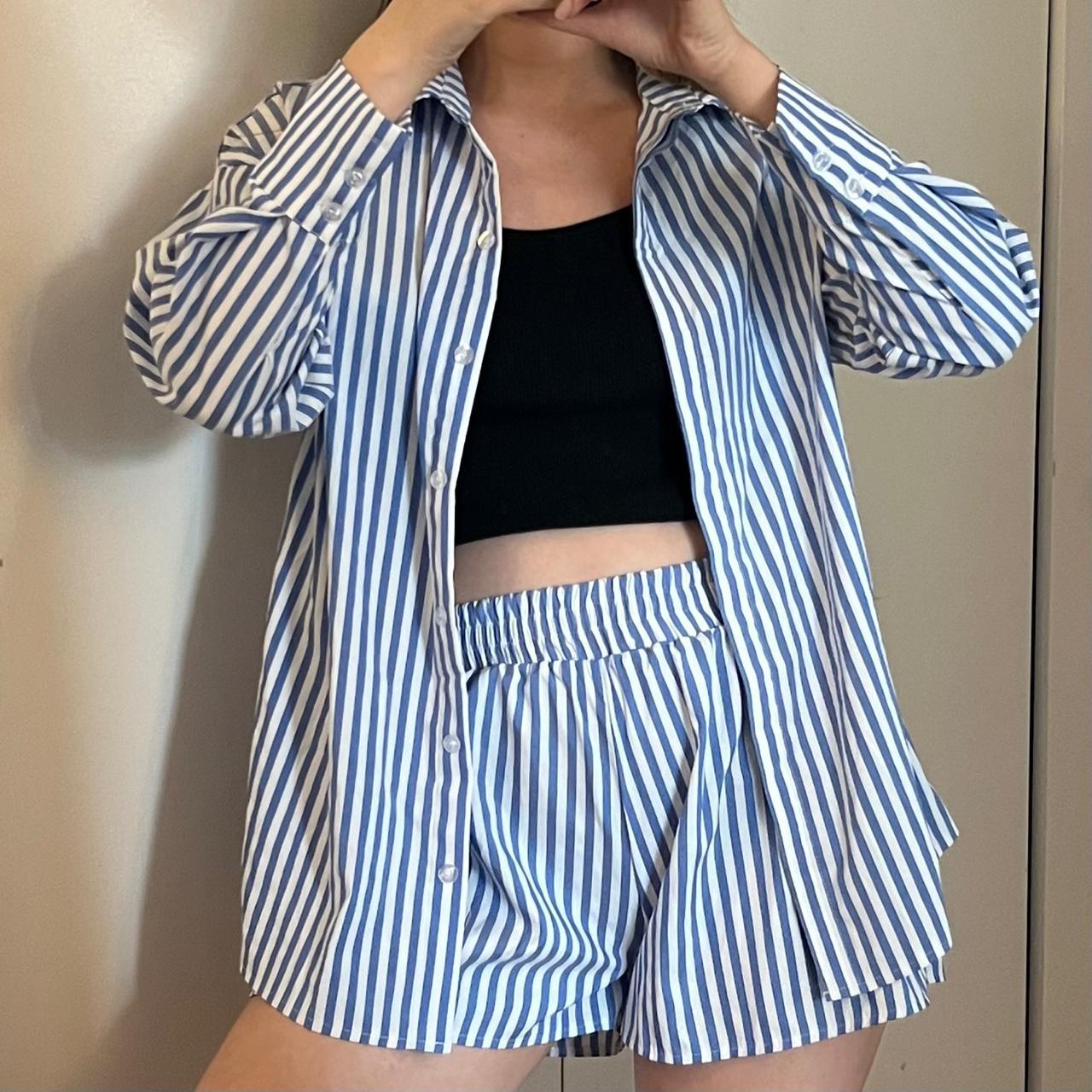 Two piece blue stripe short set preppy womens size... - Depop