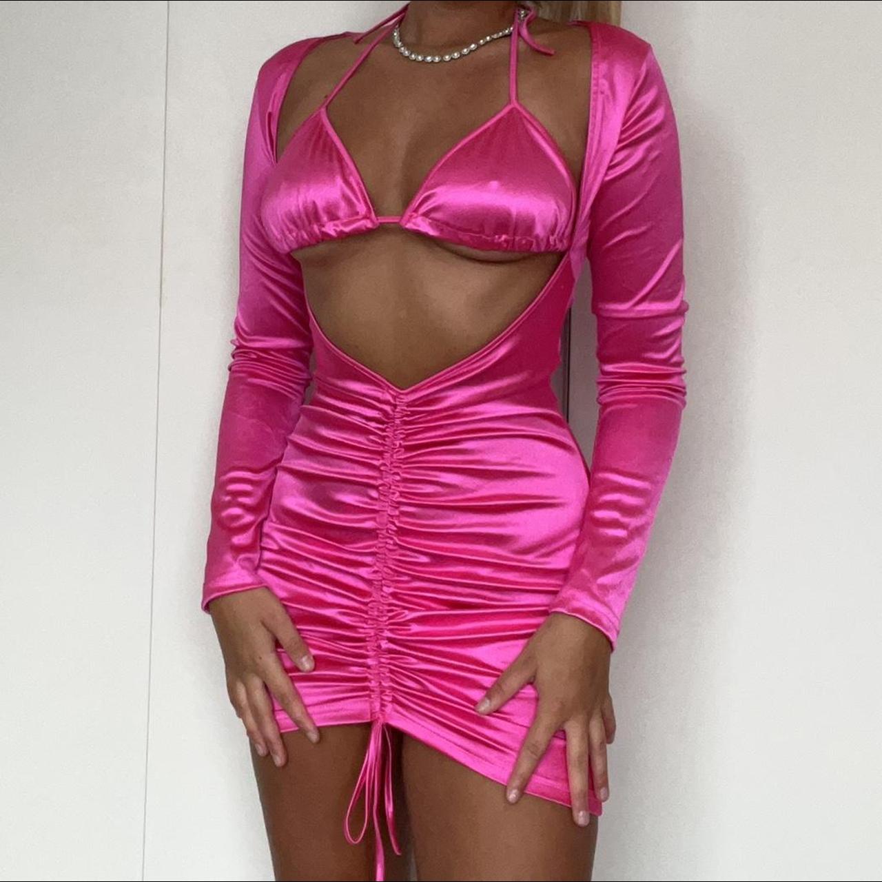 Beautiful Hot Pink Satin Ruched Cut Out Long Sleeve Depop 6220