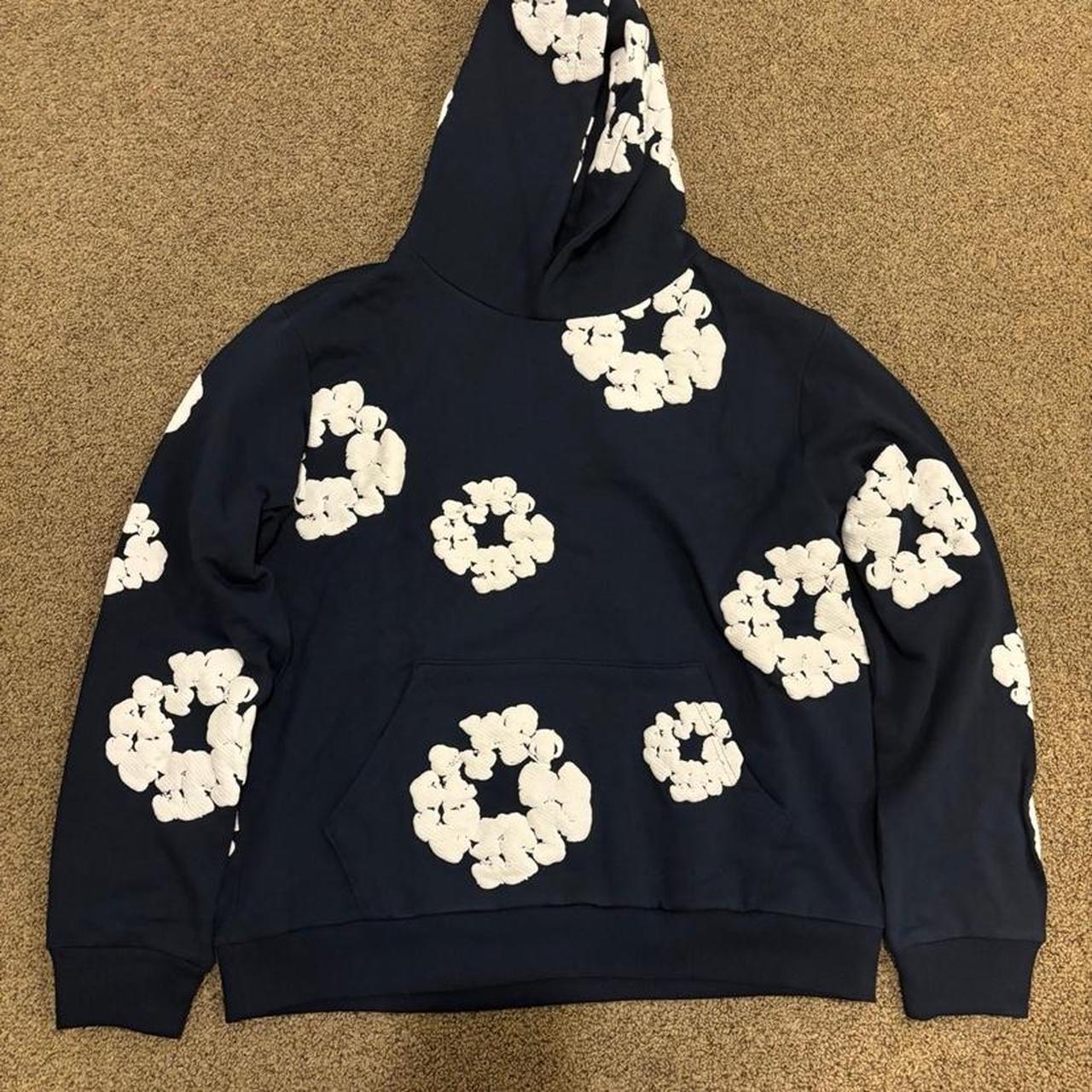 Medium navy denim tears hoodie, Has really only been... - Depop