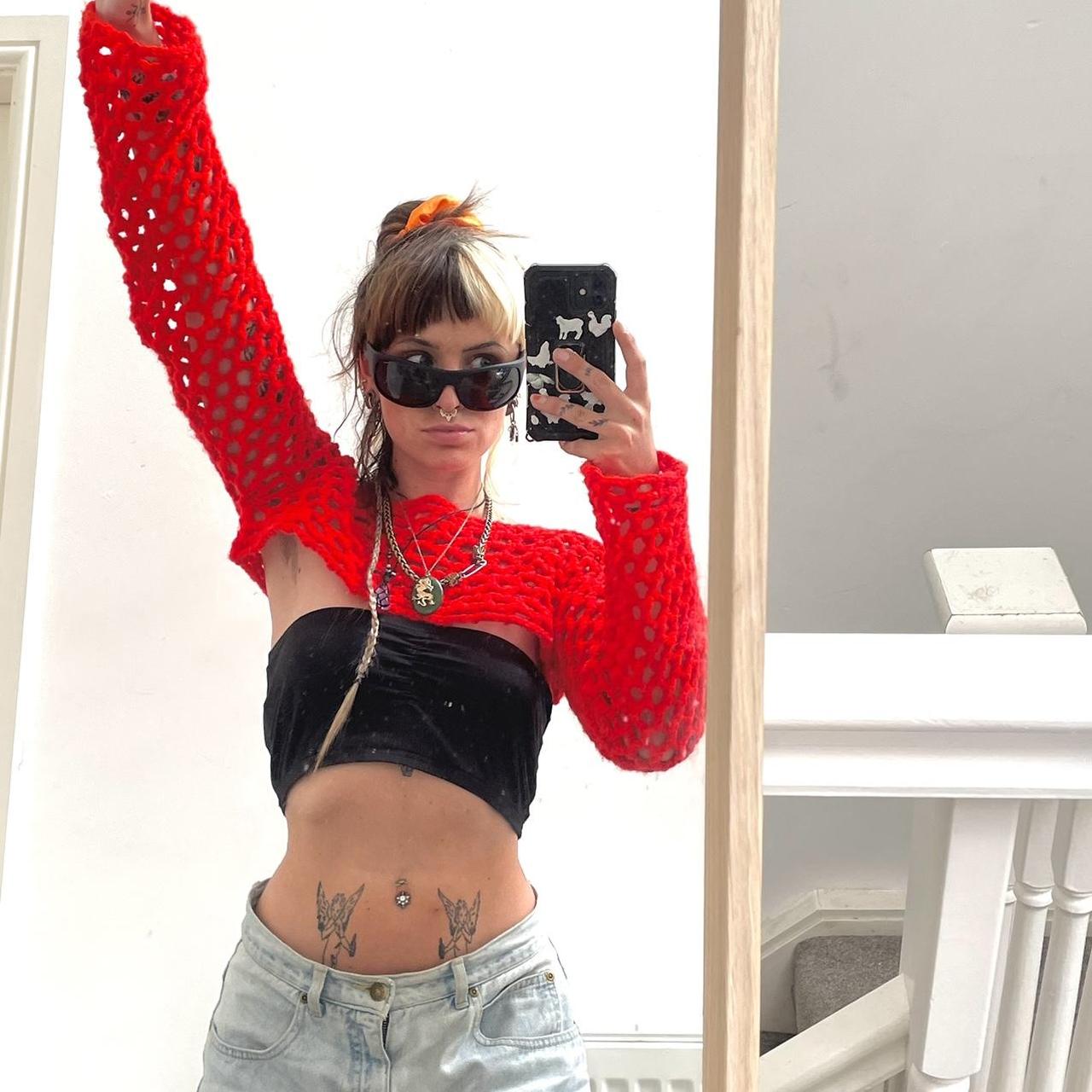 Beautiful red handmade crochet extra cropped jumper. Depop