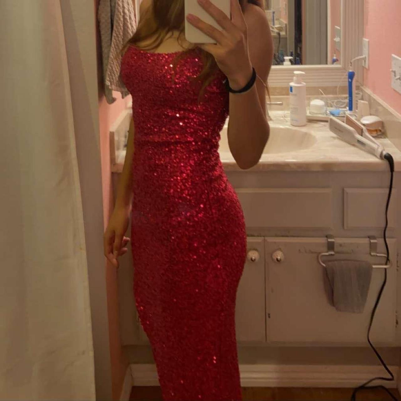 new hot pink sequin long dress with side slit.... Depop