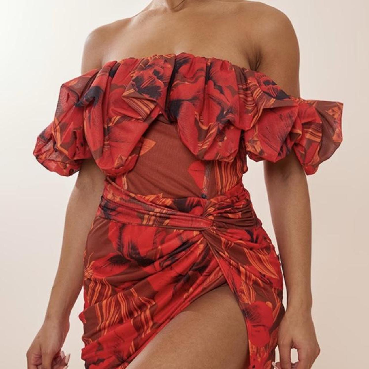 Red Floral Print Mesh Puff Detail Corset Depop