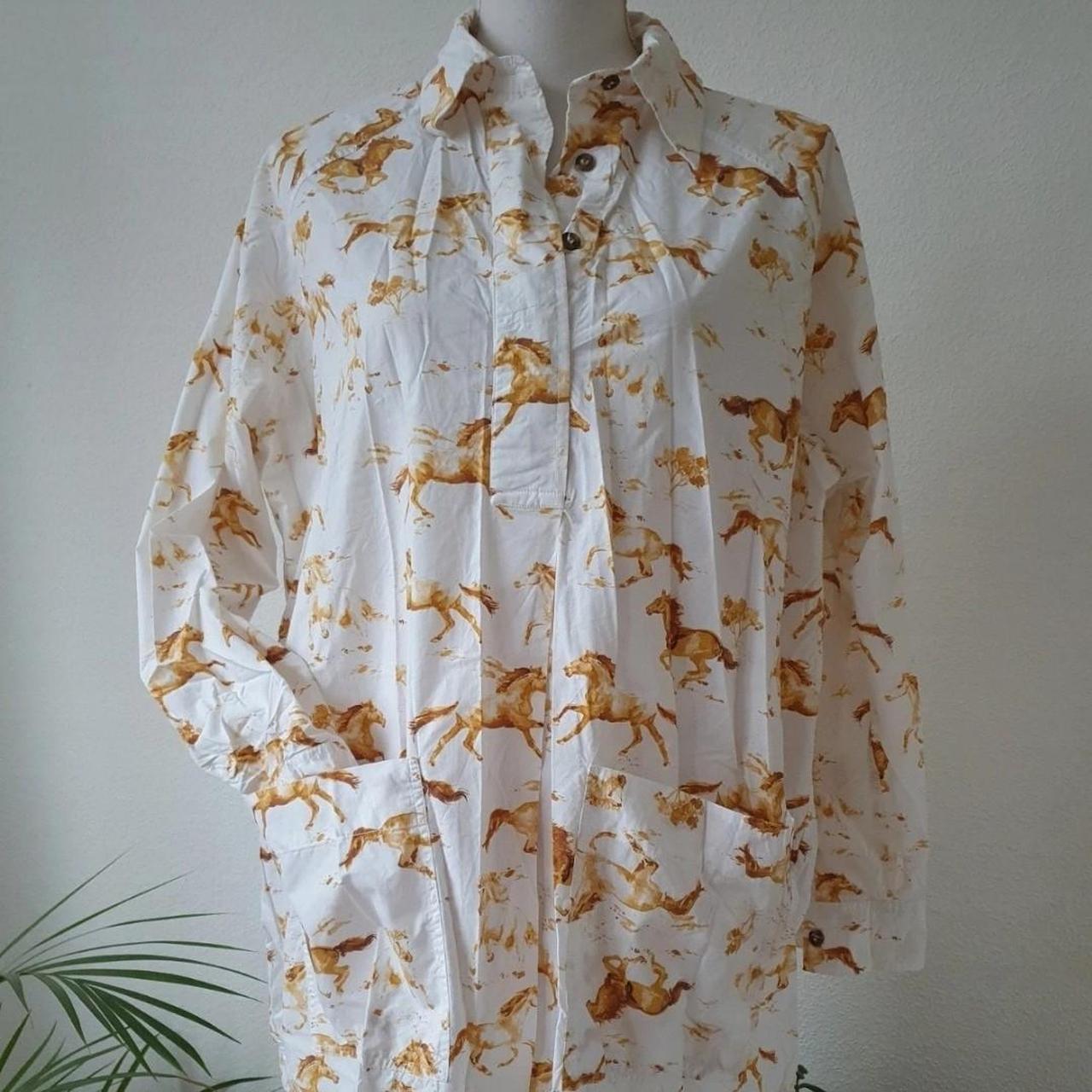 Ganni horse patterned cotton white shirt dress with. Depop