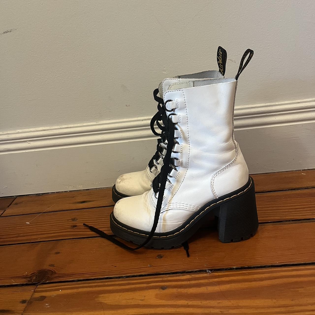 WHITE CHESNEY LEATHER FLARED HEEL LACE UP DR MARTENS